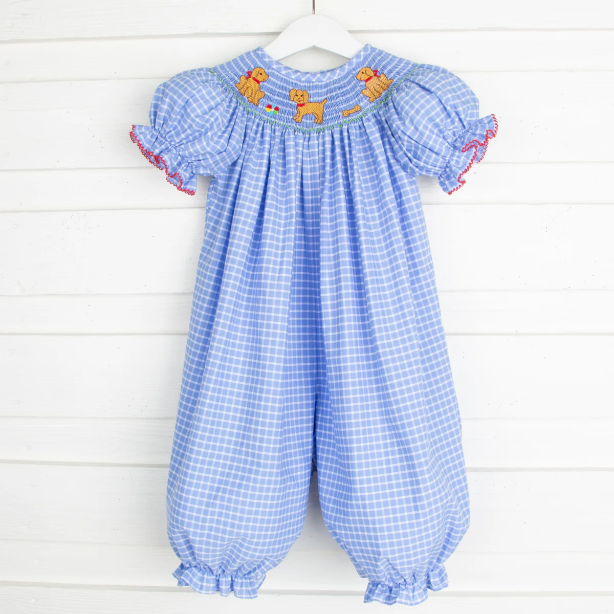 Playful Puppies Smocked Long Bubble Light Blue Windowpane