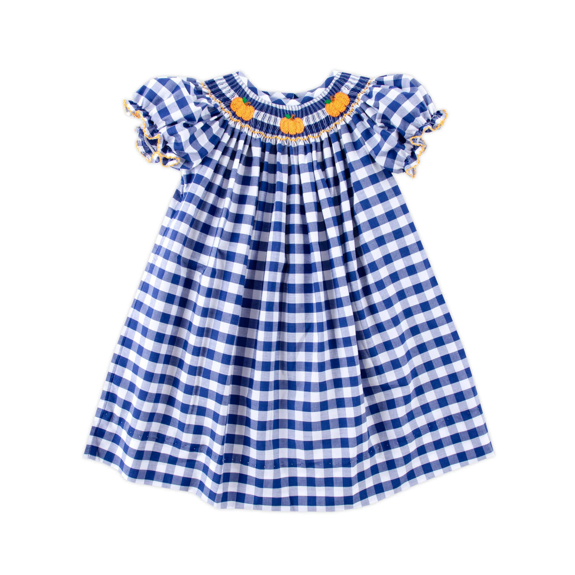 Pumpkin Smocked Navy Check Bishop Dress