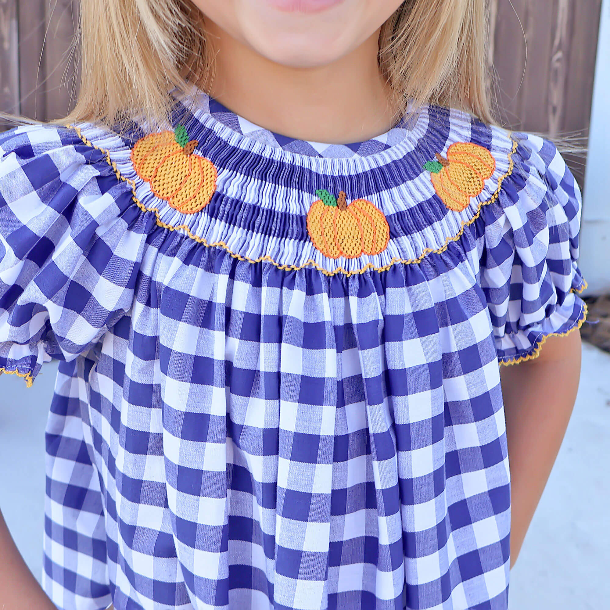 Pumpkin Smocked Navy Check Bishop Dress - Image 2