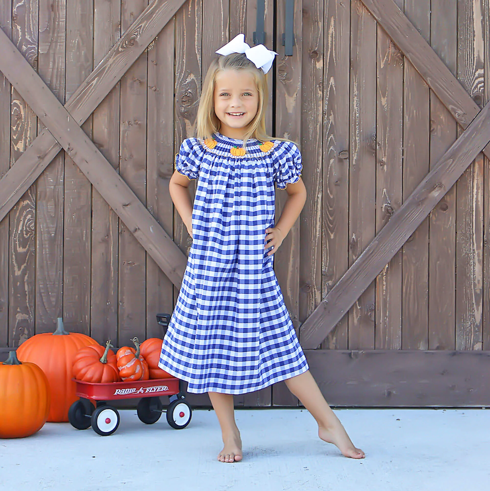 Pumpkin Smocked Navy Check Bishop Dress - Image 3