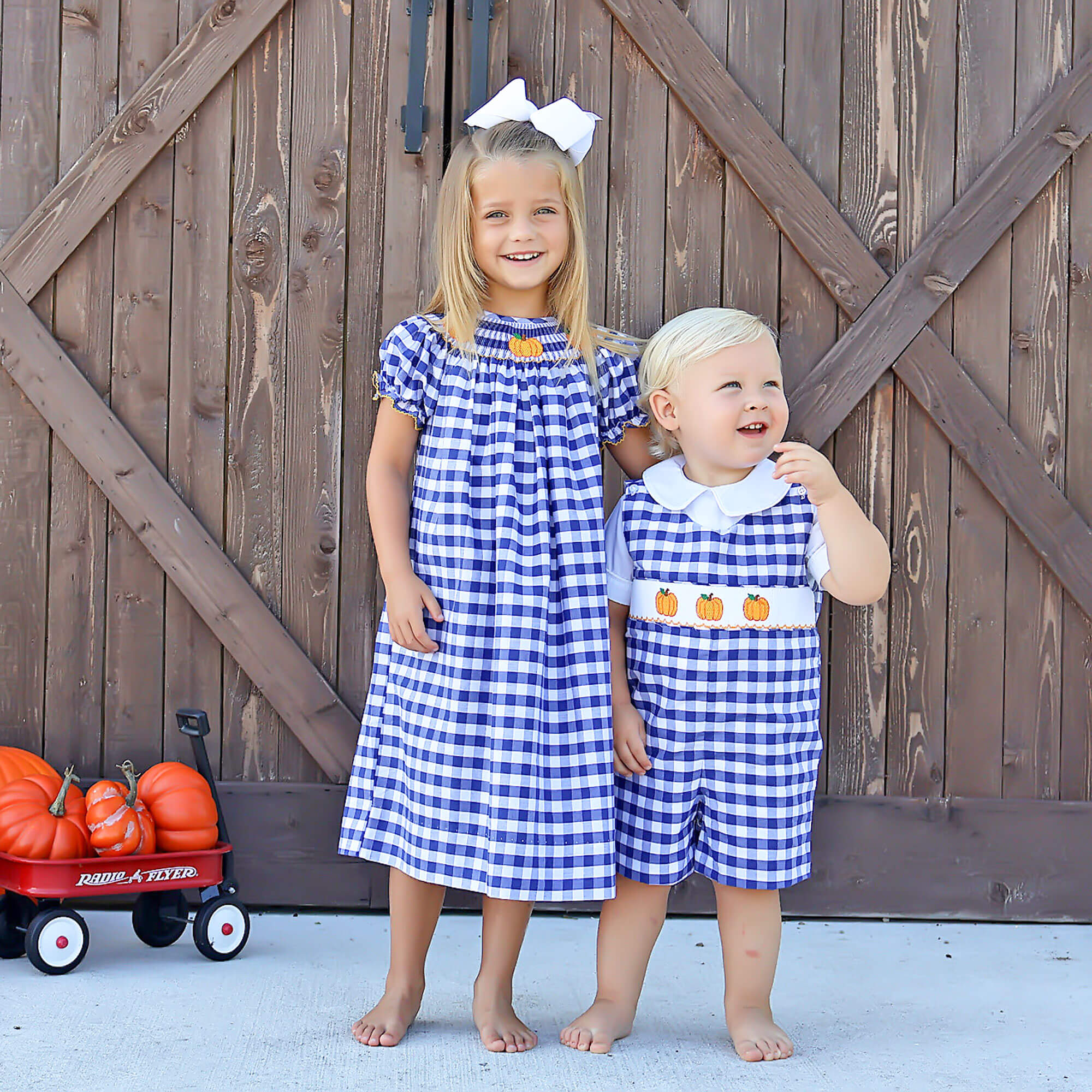 Pumpkin Smocked Navy Check Bishop Dress - Image 5