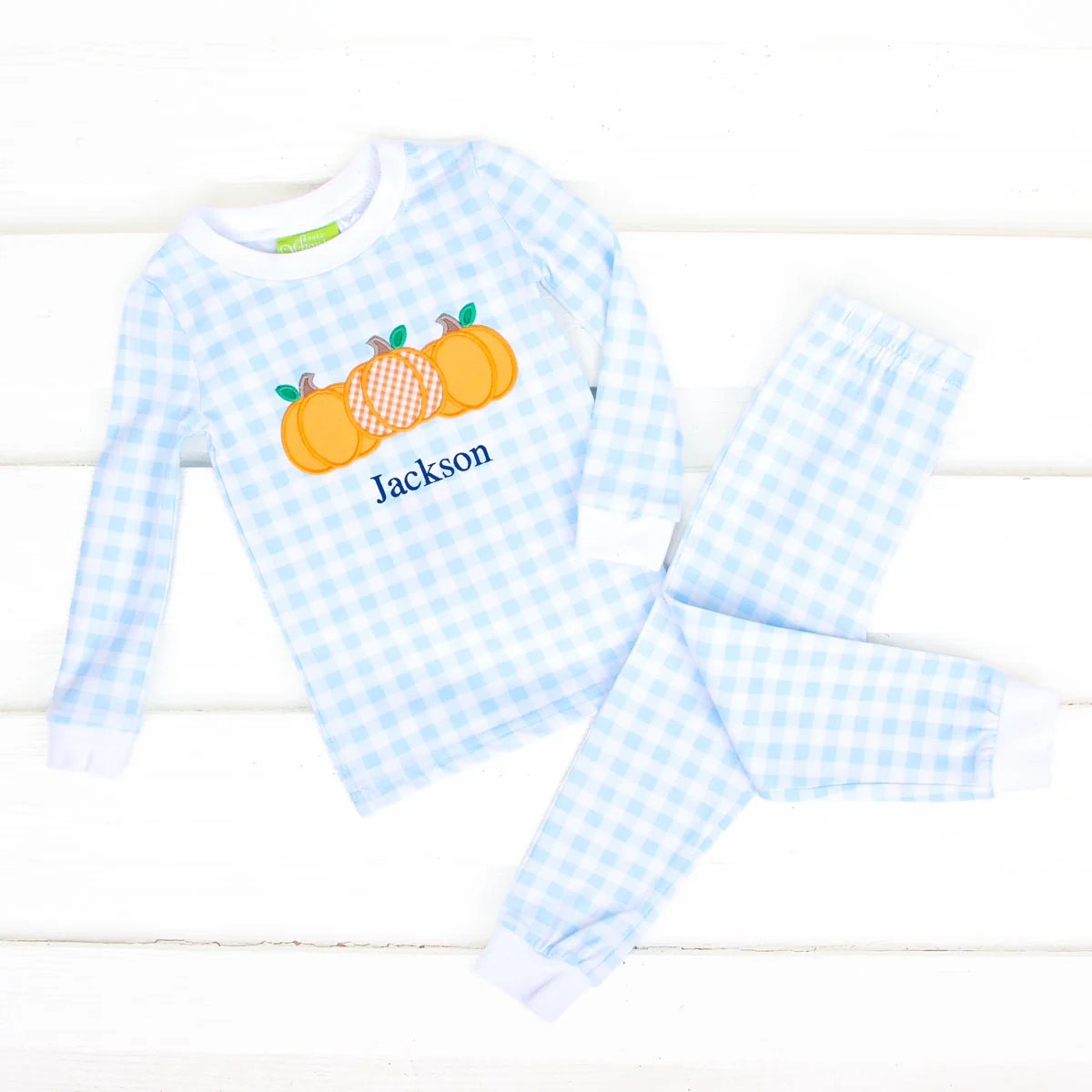 Pumpkin Cluster Blue Gingham Pajamas - Image 2