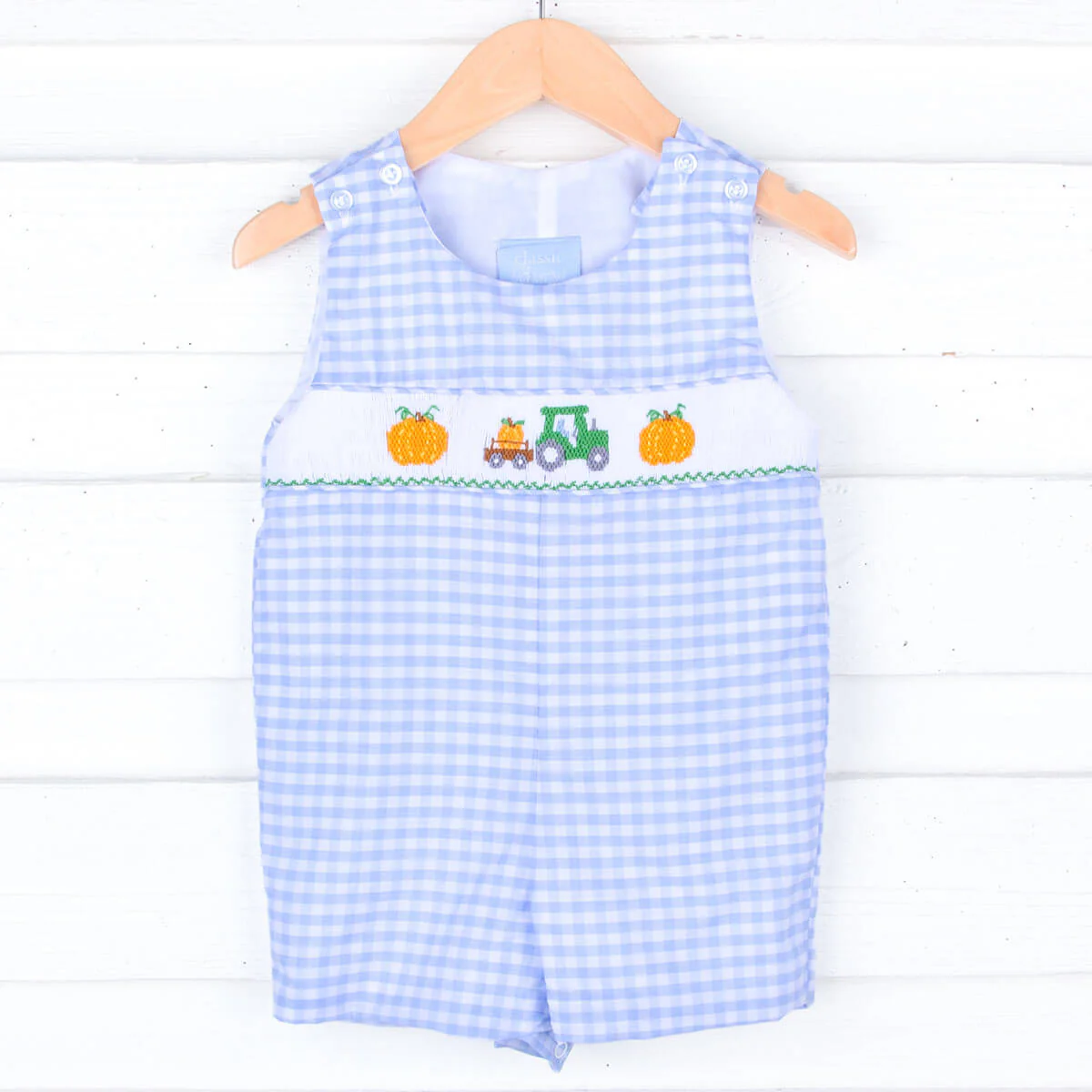 Pumpkin Hayride Blue Check Smocked Jon Jon