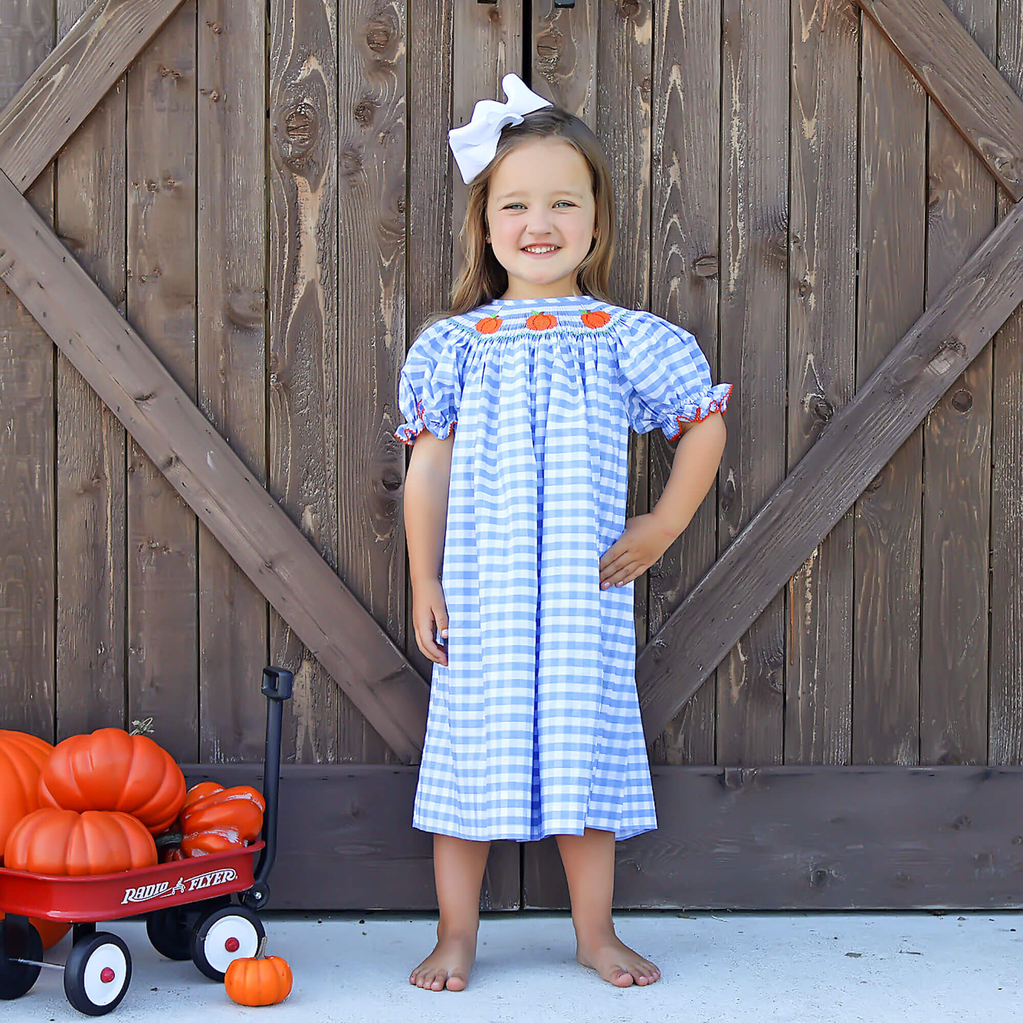 Pumpkin Smocked Light Blue Check Bishop Dress