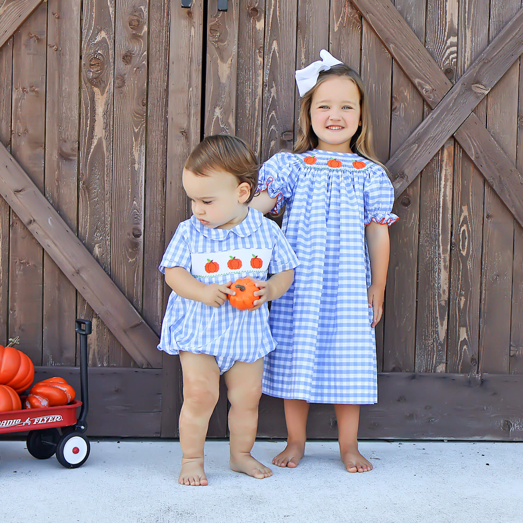 Pumpkin Smocked Light Blue Check Bishop Dress - Image 4