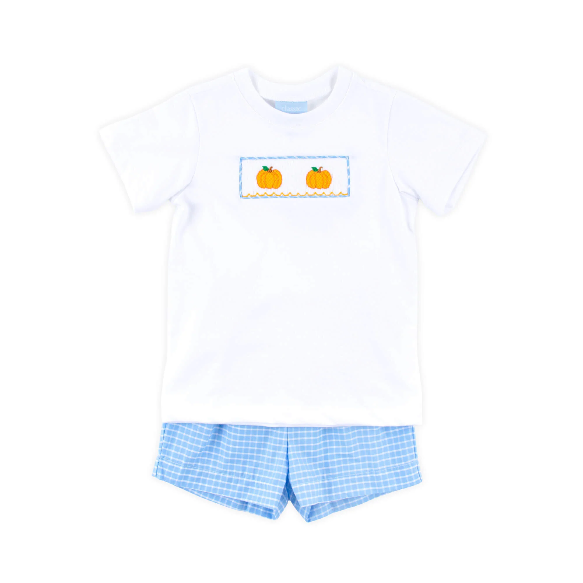 Pumpkin Trio Smocked French Blue Windowpane Short Set - Image 2