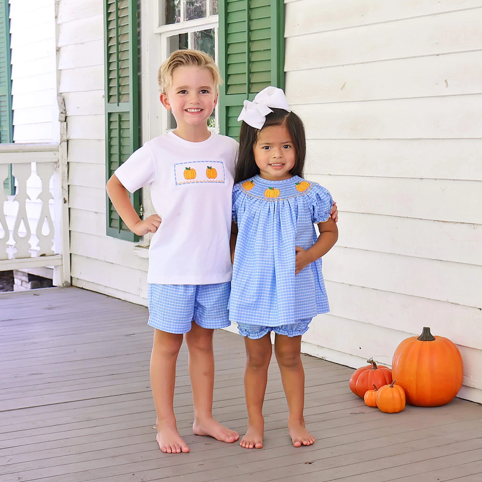 Pumpkin Trio Smocked French Blue Windowpane Short Set - Image 3