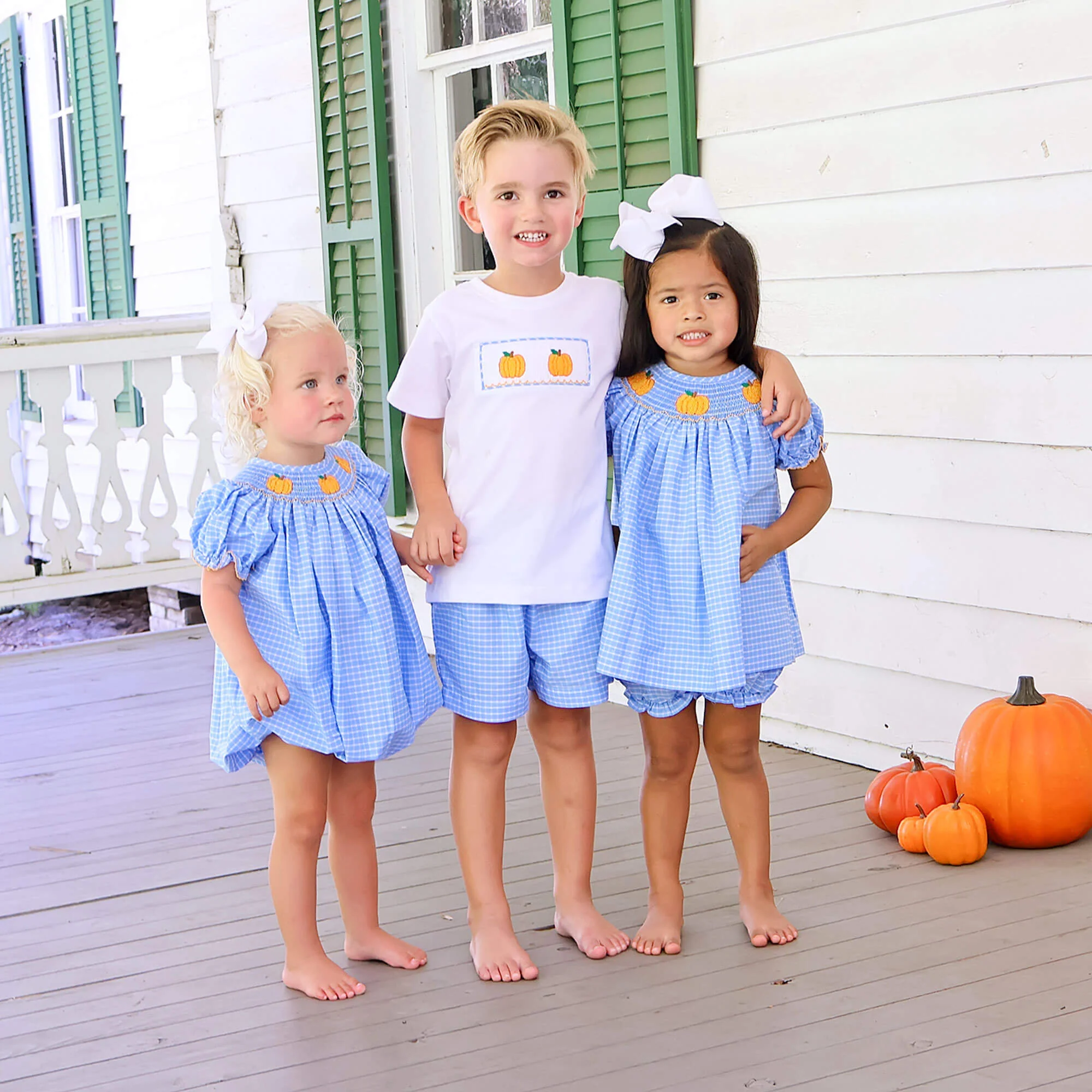 Pumpkin Trio Smocked French Blue Windowpane Short Set - Image 4