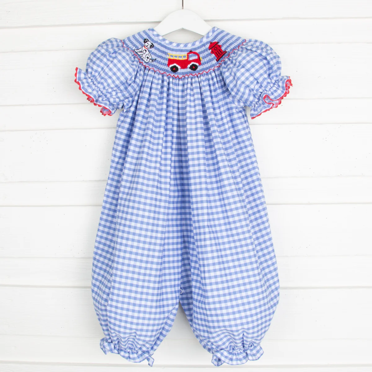 Puppy & Firetruck Smocked Long Bubble Light Blue Check