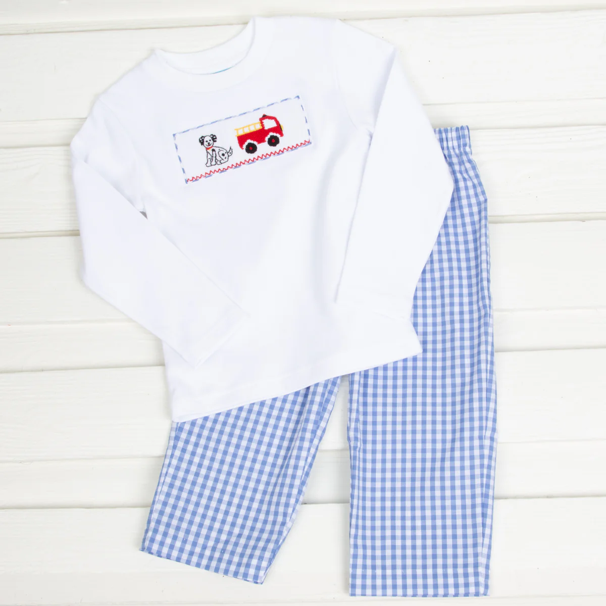 Puppy & Firetruck Smocked Pant Set Light Blue Check