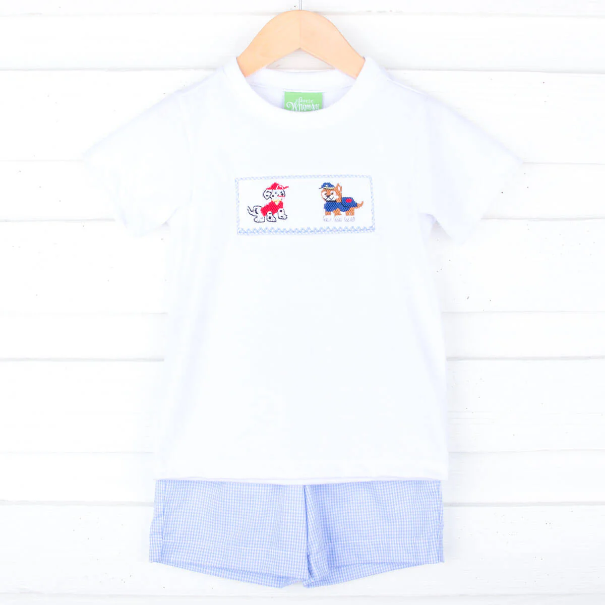 Puppy Patrol Blue Gingham Smocked Short Set