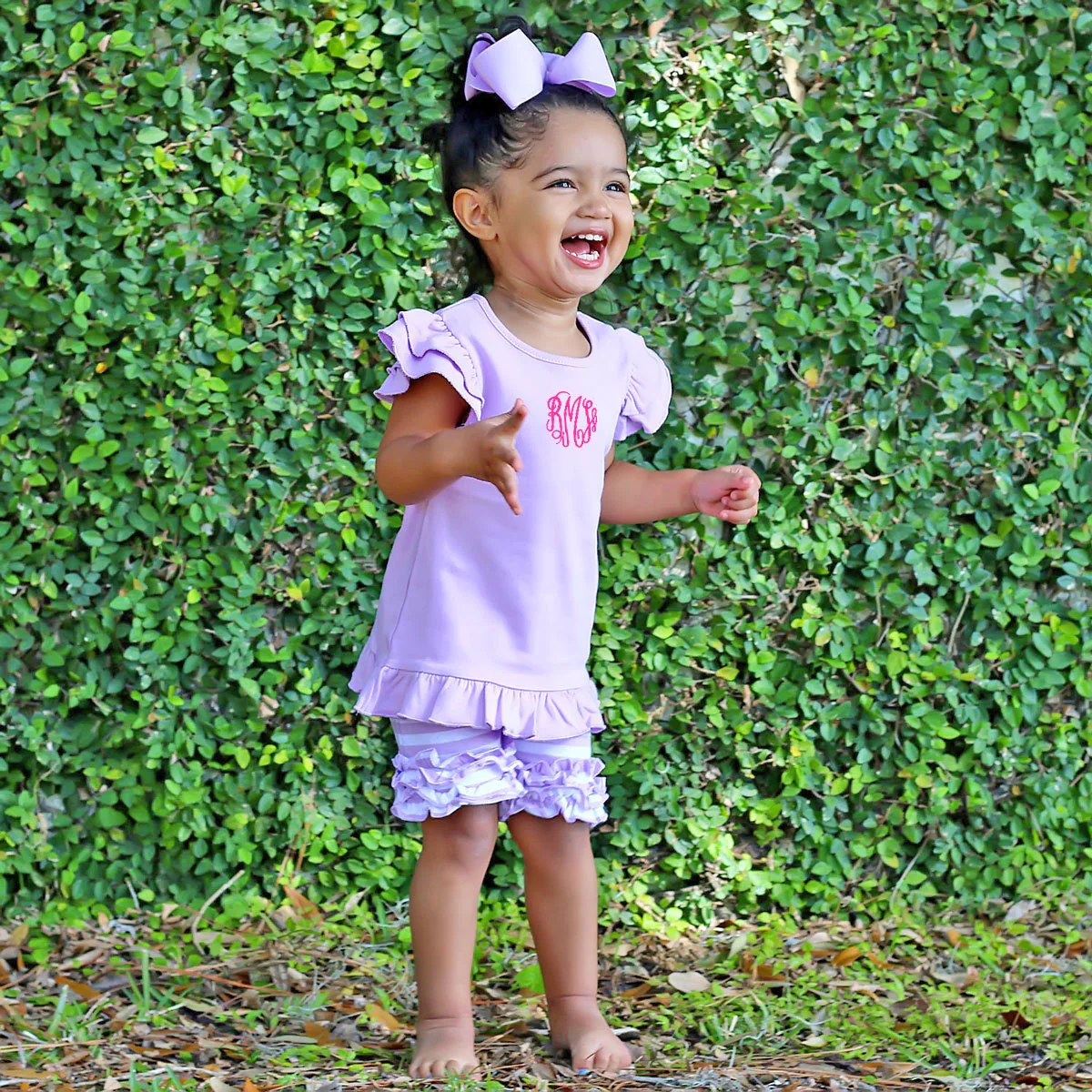 Purple Stripe Knit Ruffle Short Set