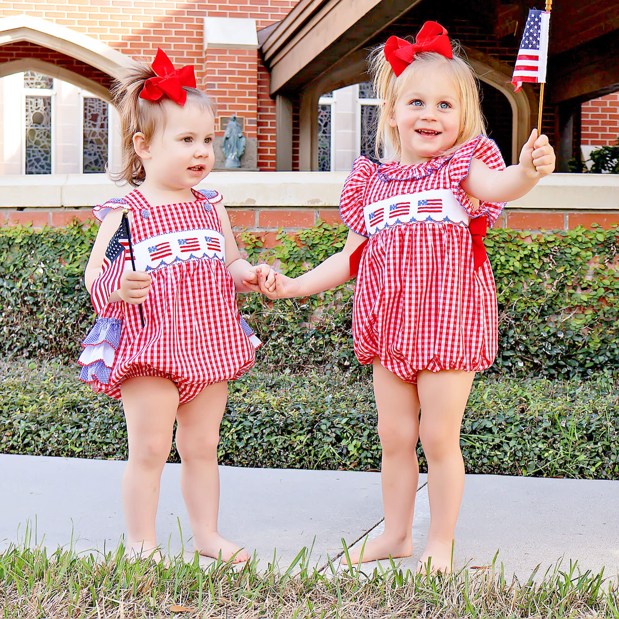 Red Check American Flag Smocked Leah Bubble - Image 7