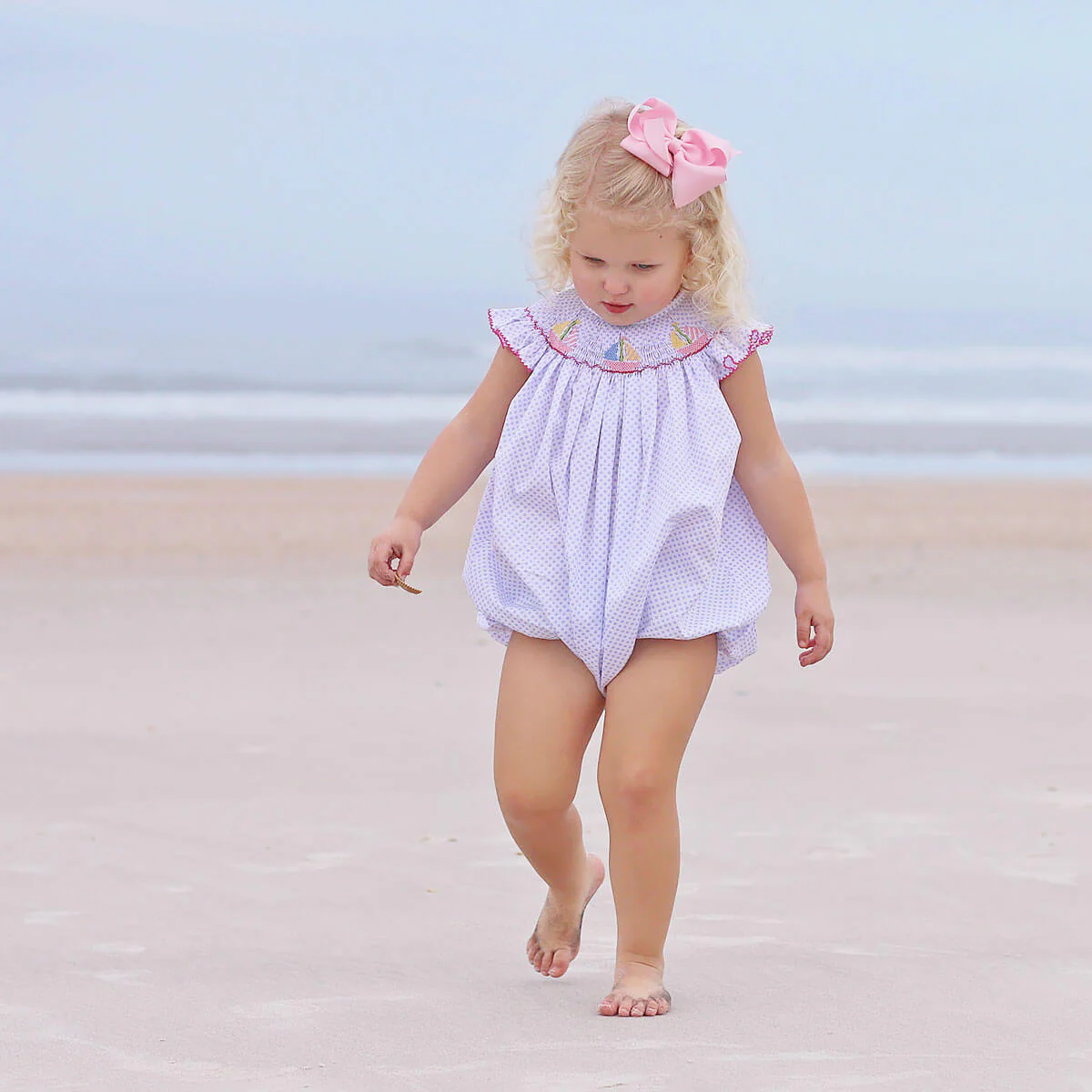 Sailboat Blue Dot Smocked Angel Sleeve Bubble