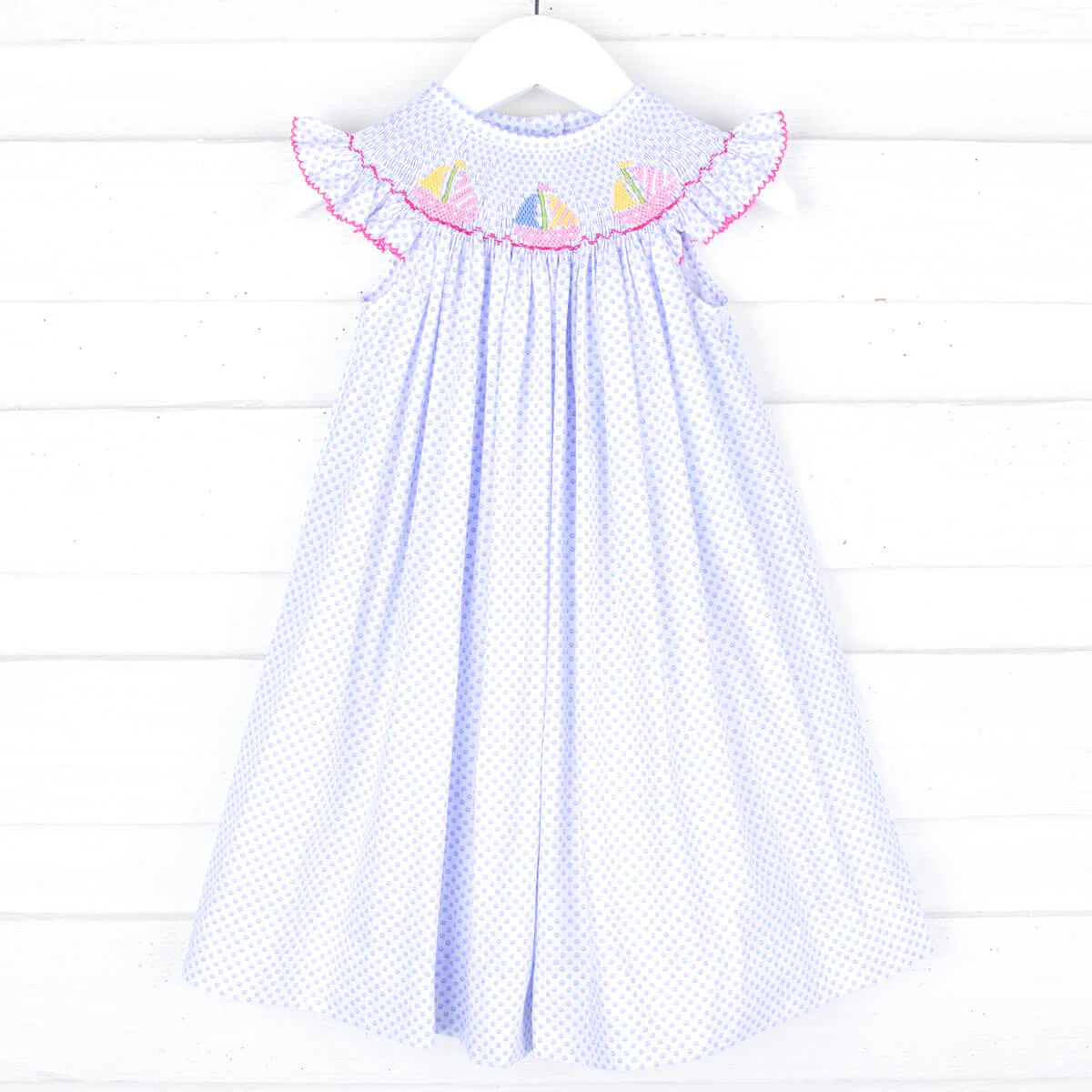Sailboat Blue Dot Smocked Angel Sleeve Dress
