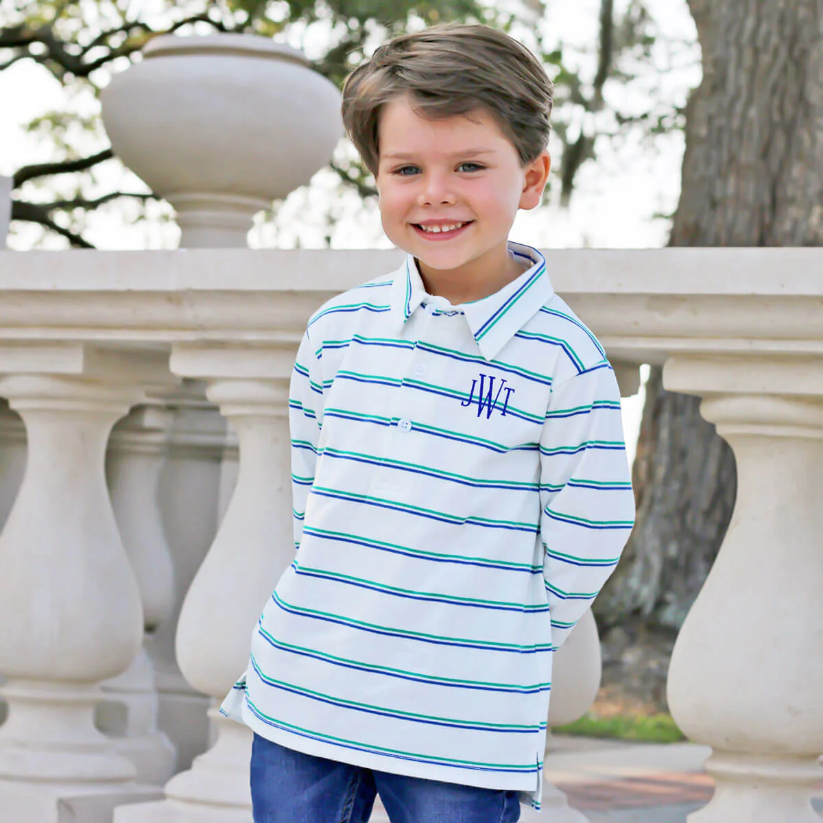 Royal Blue and Green Stripe Long Sleeve Polo