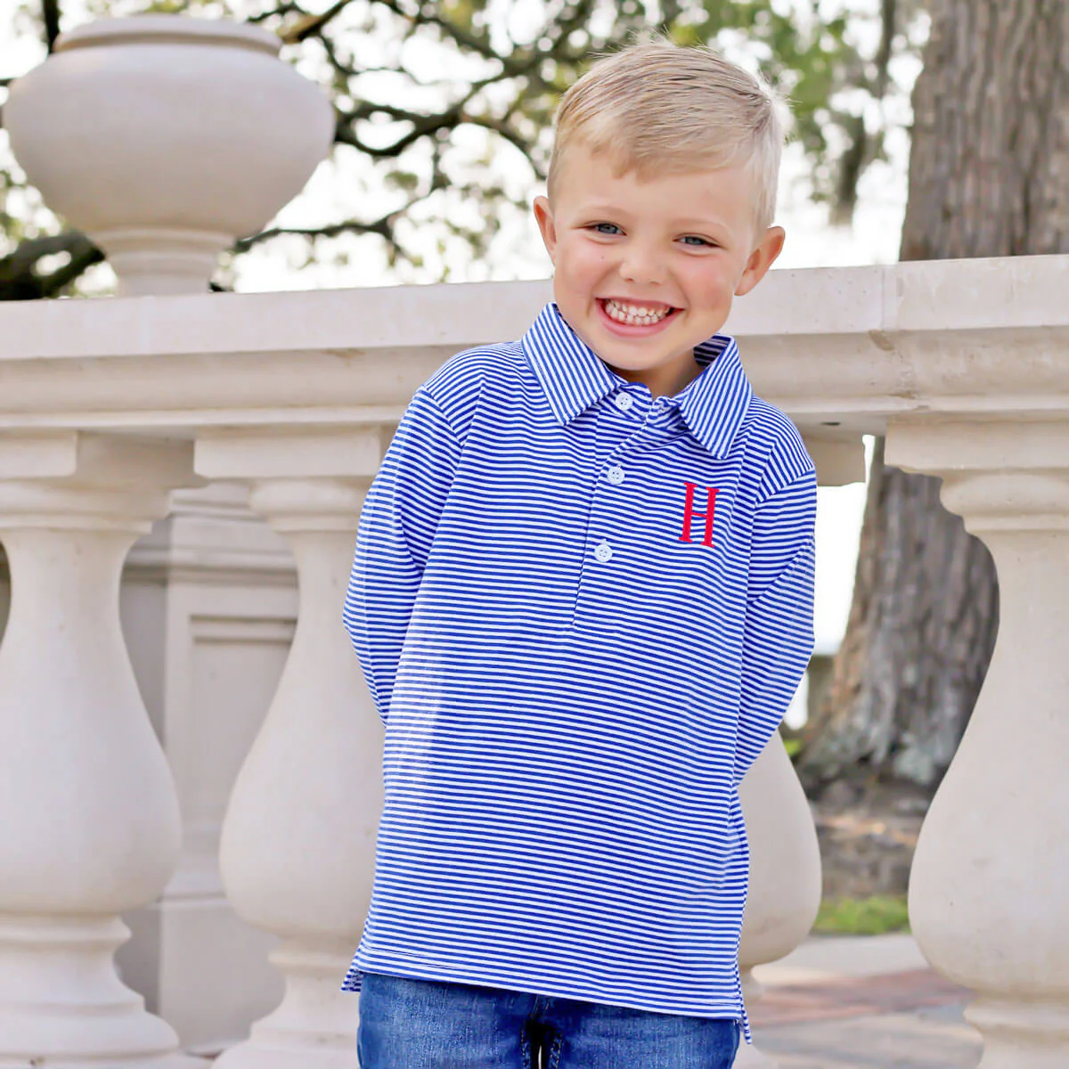 Royal Blue Stripe Long Sleeve Polo
