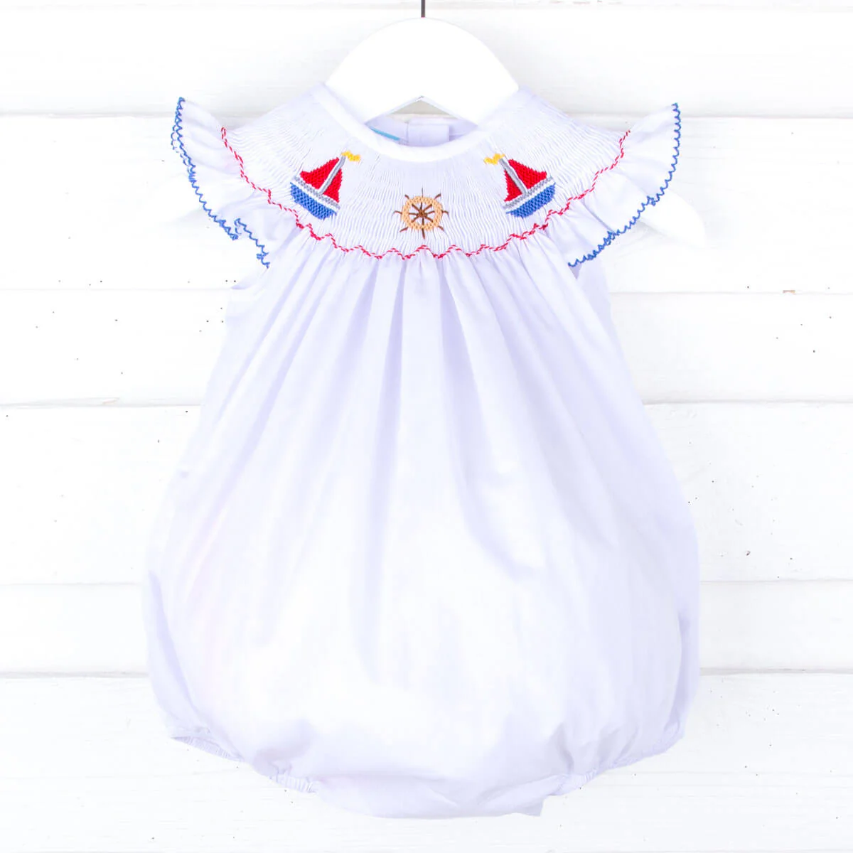 Sail Away White Smocked Angel Sleeve Bubble
