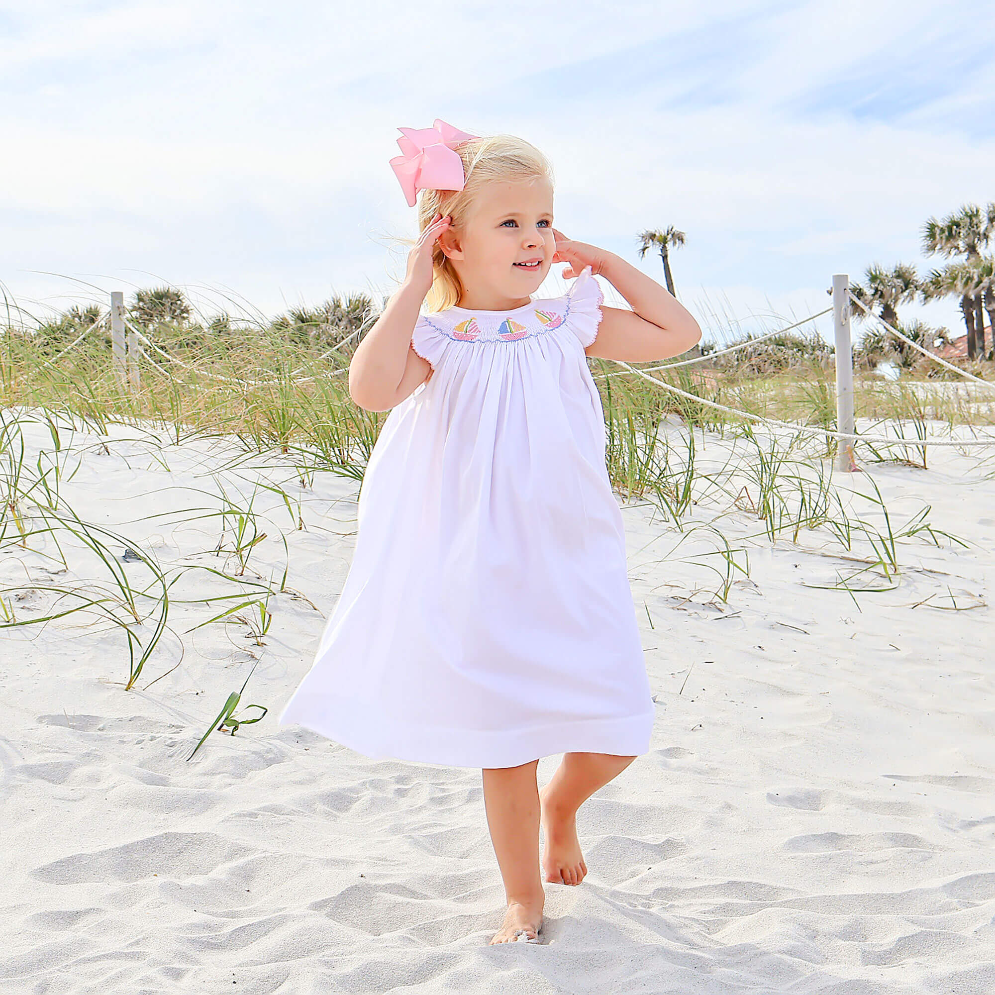 Sailboat Bliss Smocked White Angel Sleeve Dress