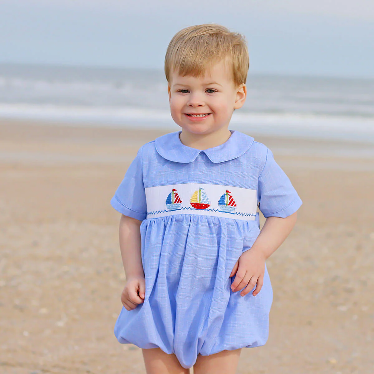 Sailing Away Blue Plaid Smocked Collared Bubble