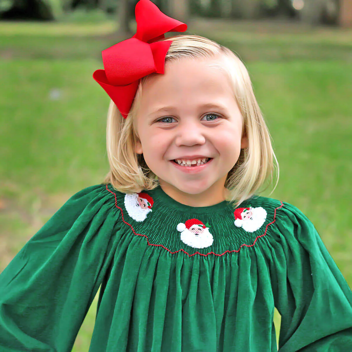 Santa Face Smocked Green Dress