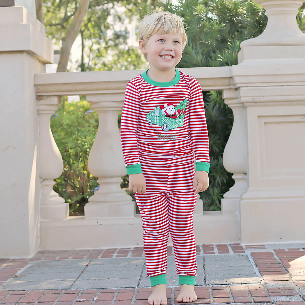 Santa Stops Here Pajamas Red Stripe