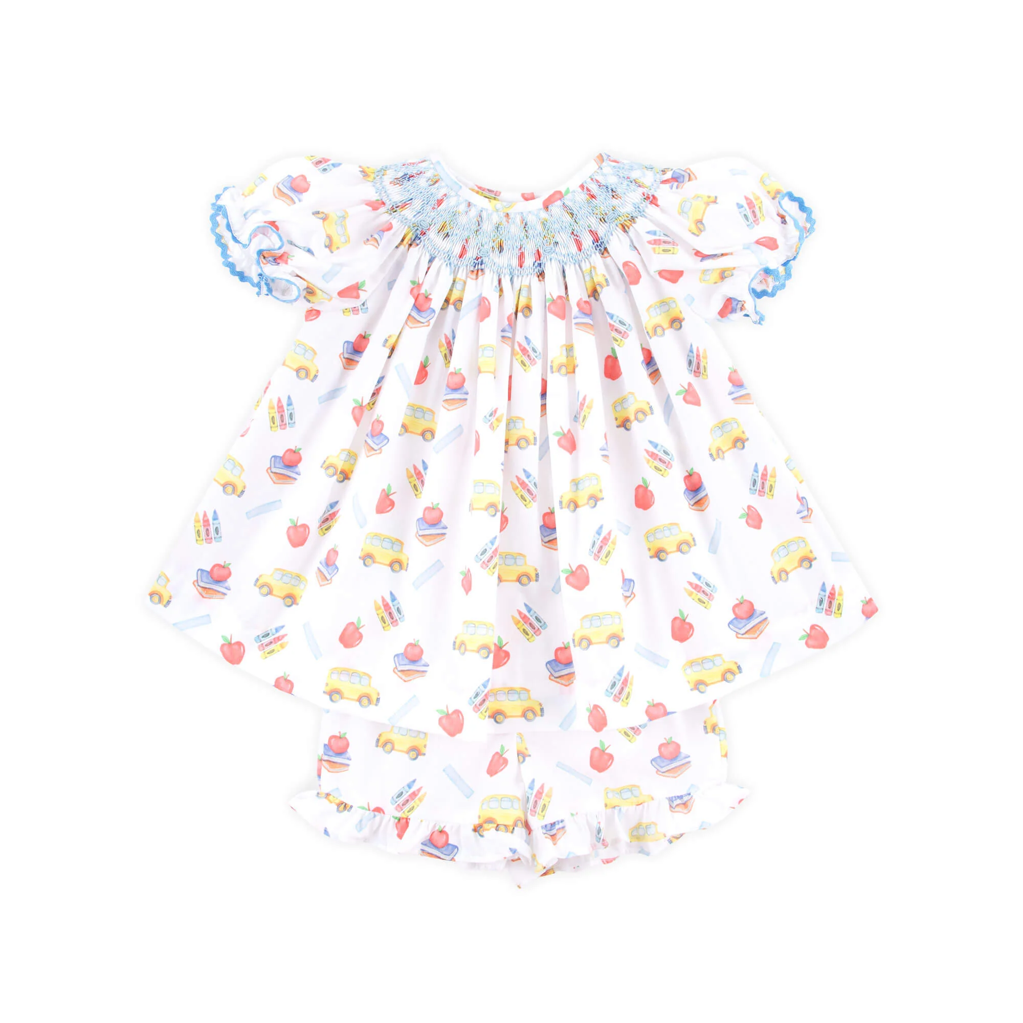 School Bus Print Smocked White Bishop Short Set