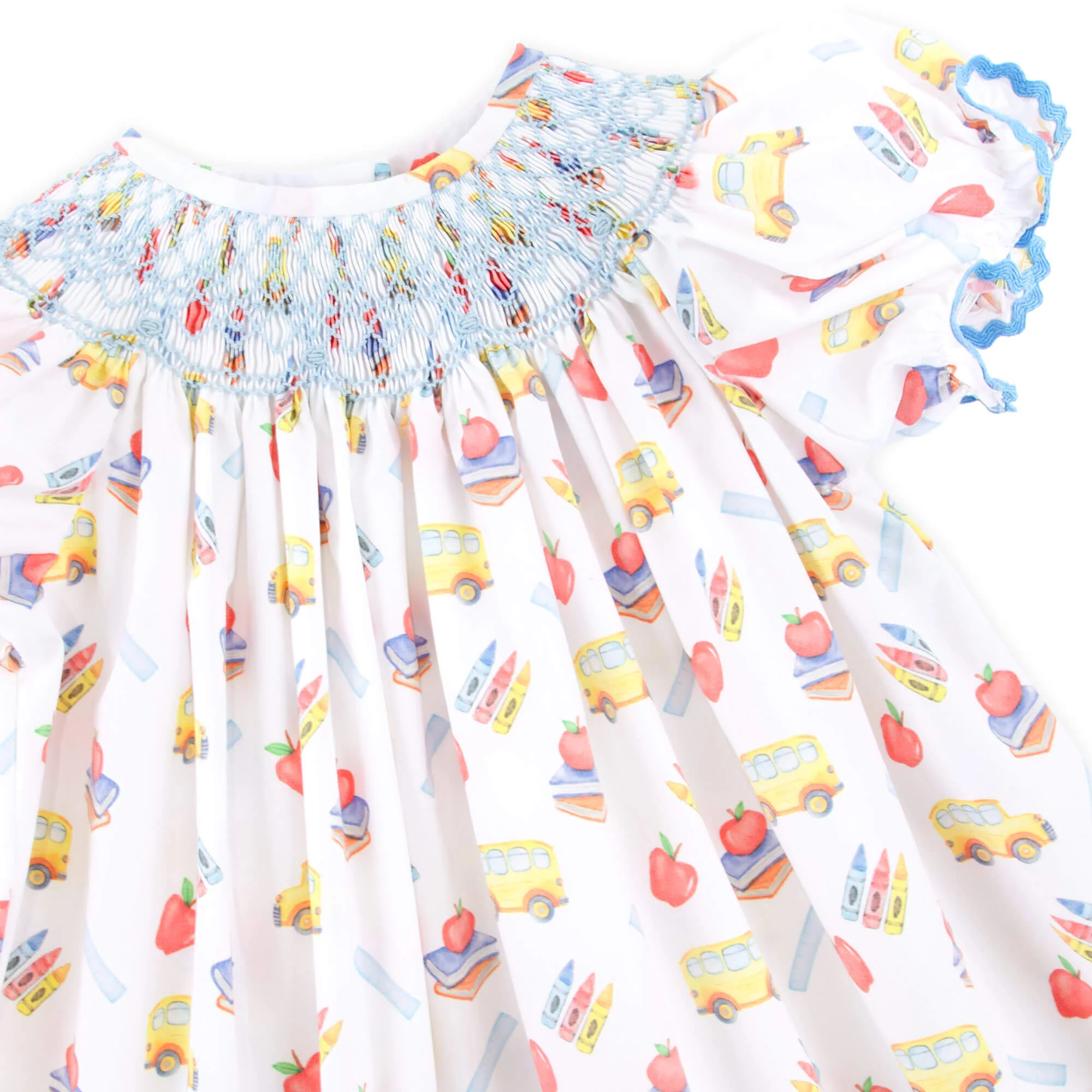 School Bus Print Smocked White Bishop Short Set - Image 2