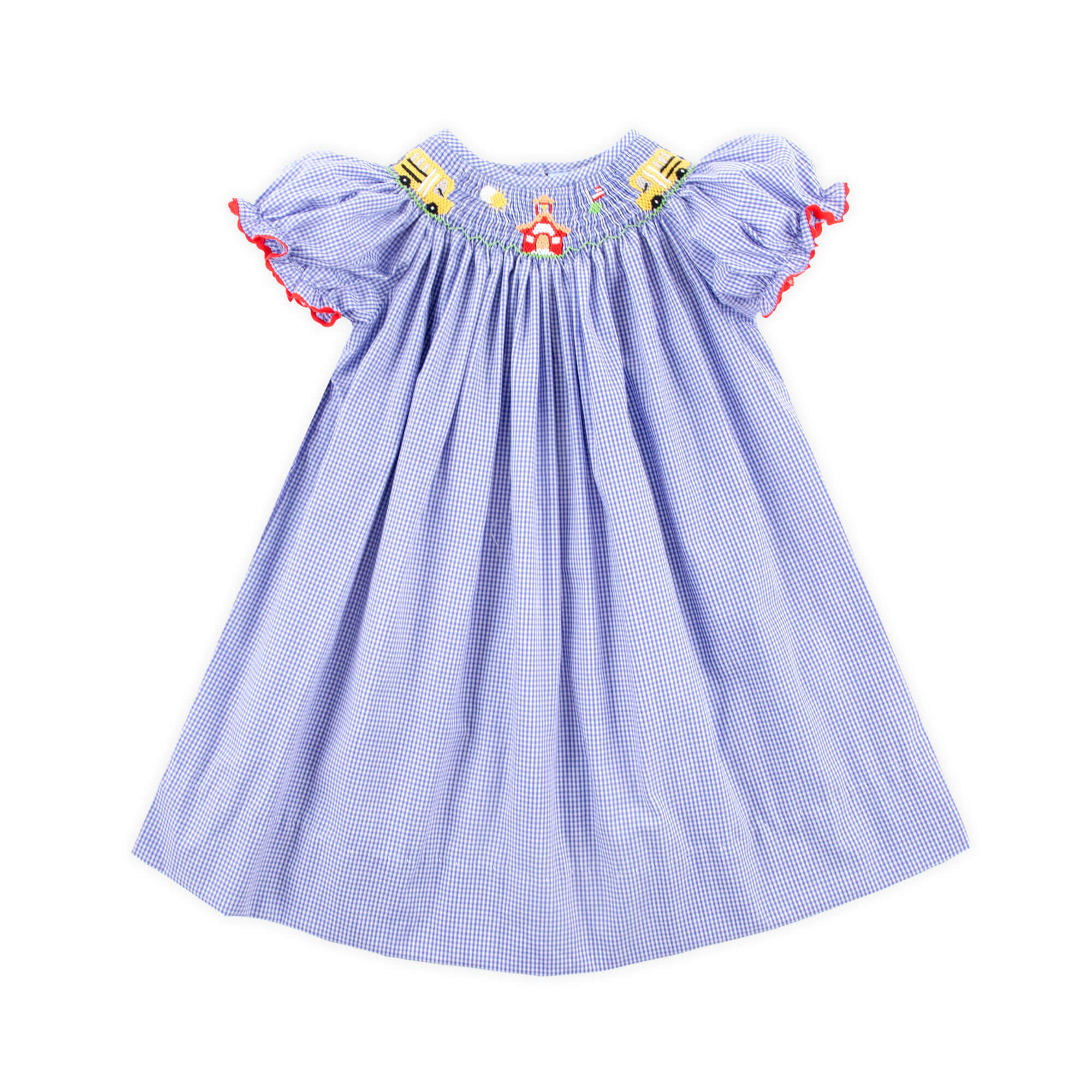 School Bus Smocked Royal Gingham Bishop Dress - Image 2