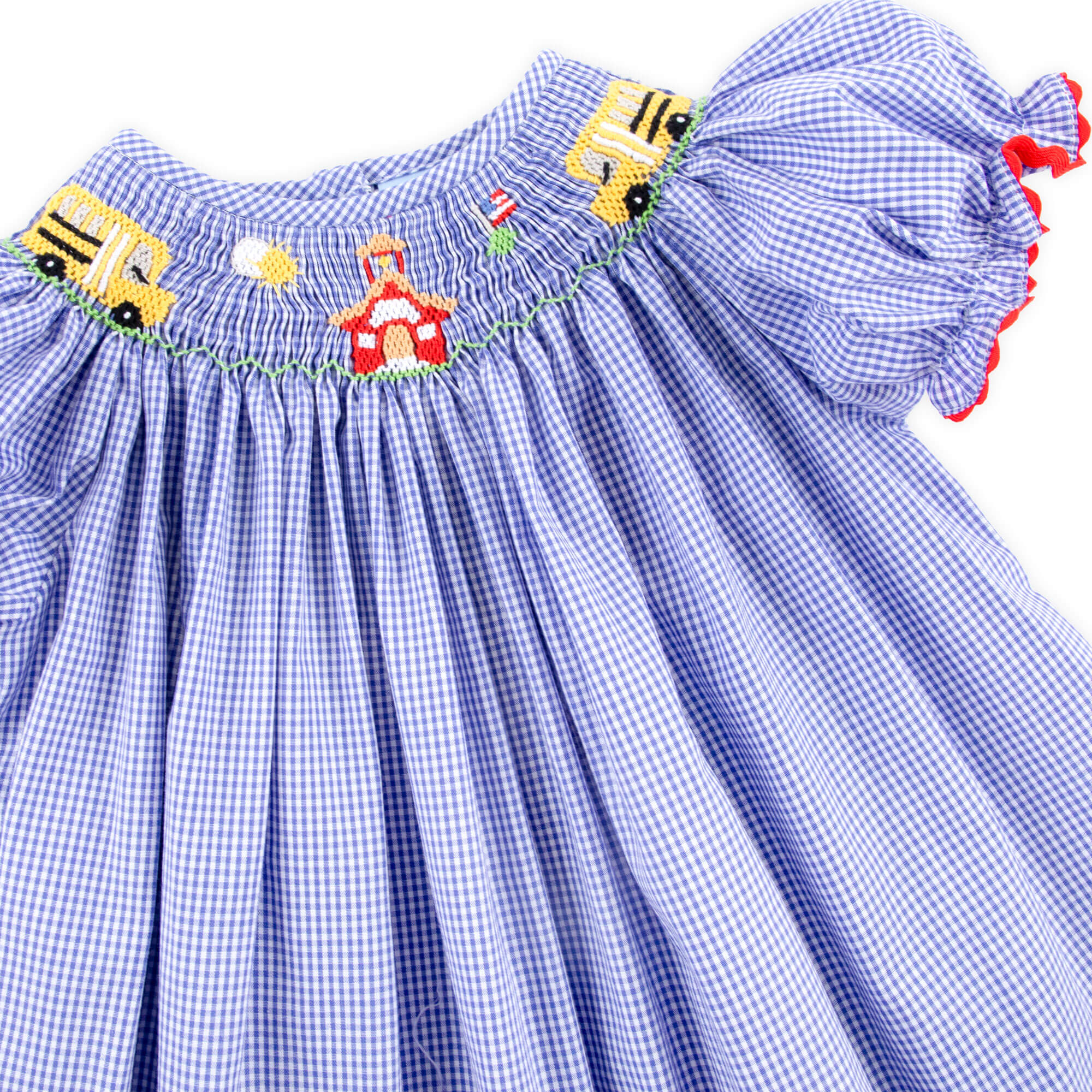 School Bus Smocked Royal Gingham Bishop Short Set - Image 2