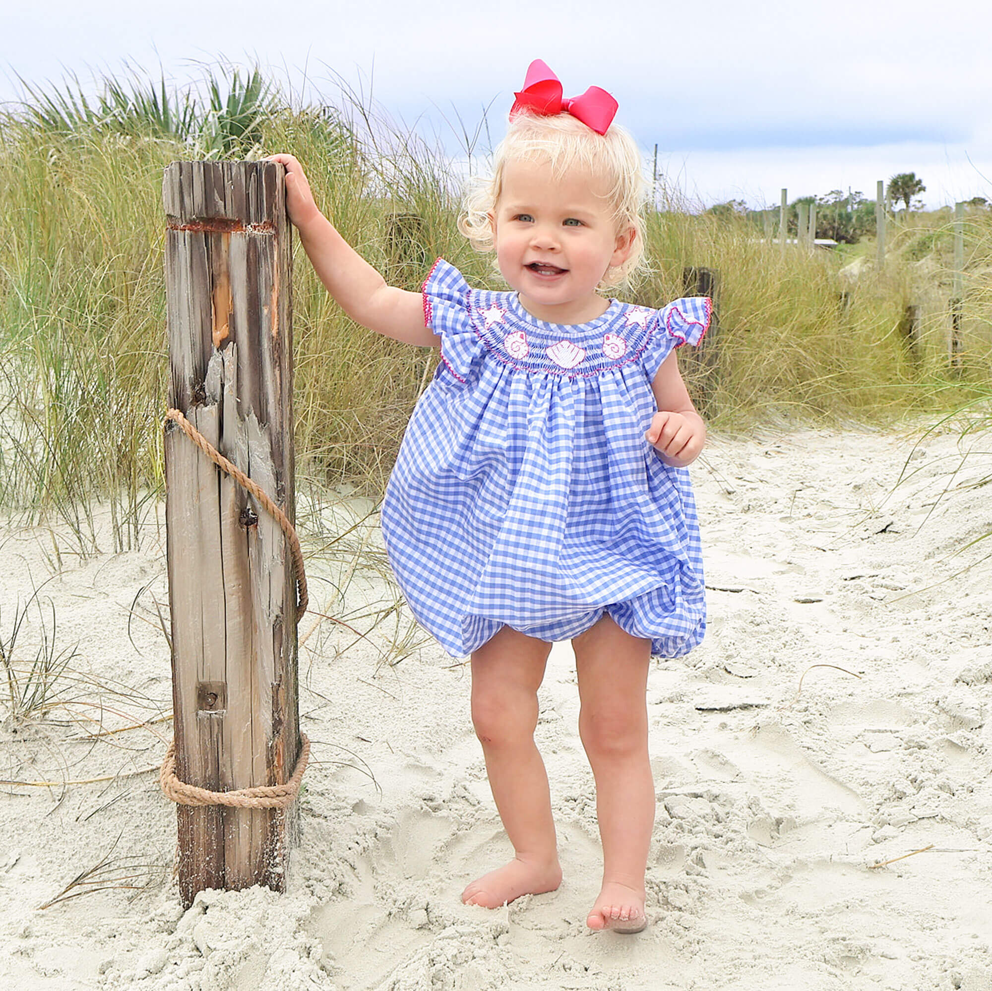 Seashell Smocked Blue Gingham Bubble