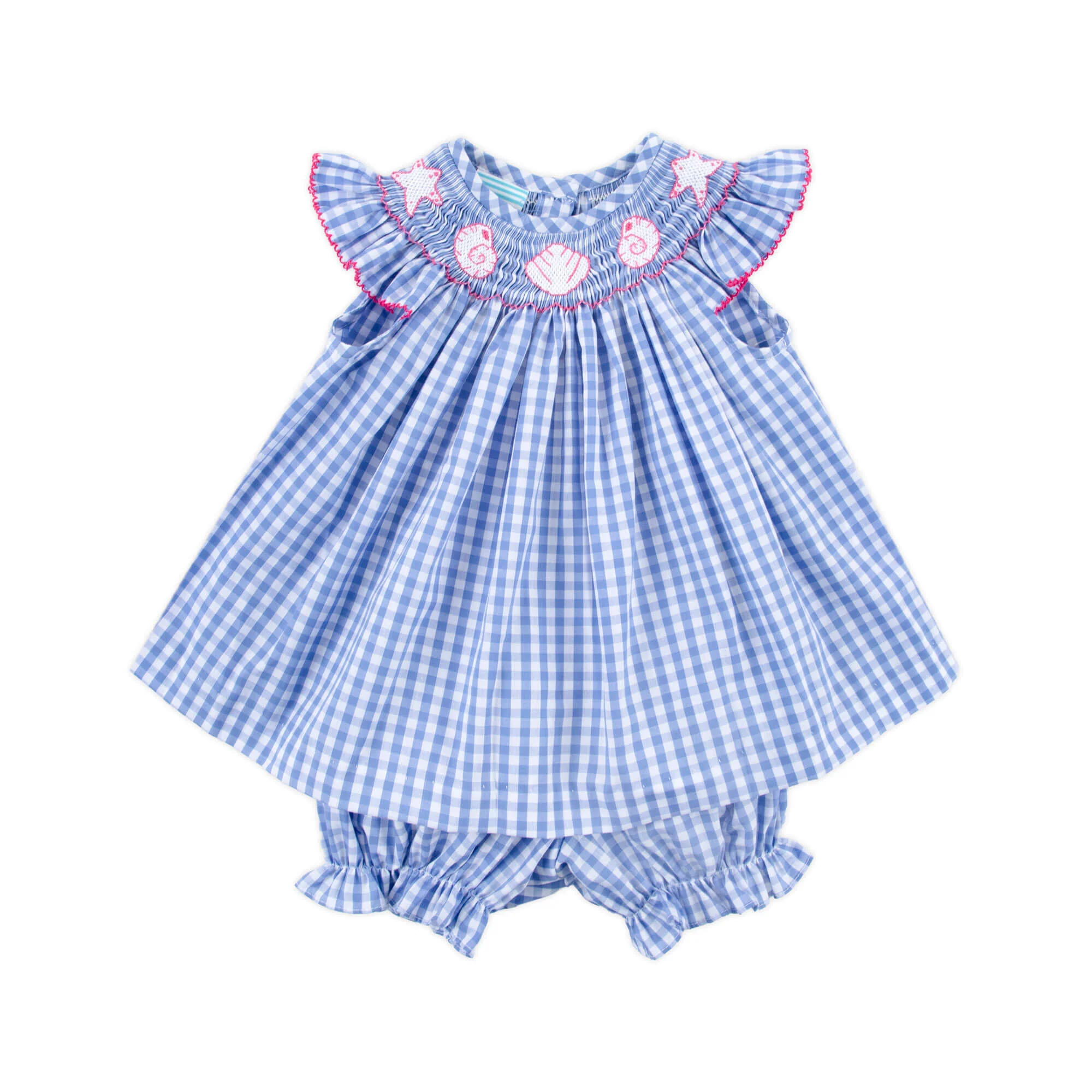 Seashell Smocked Blue Gingham Bloomer Set