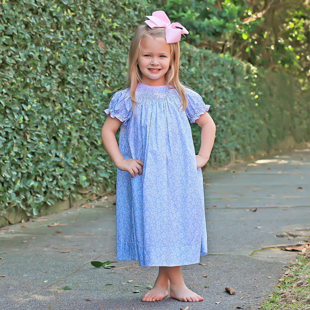 Side Bunny Smocked Blue Daisy Dress