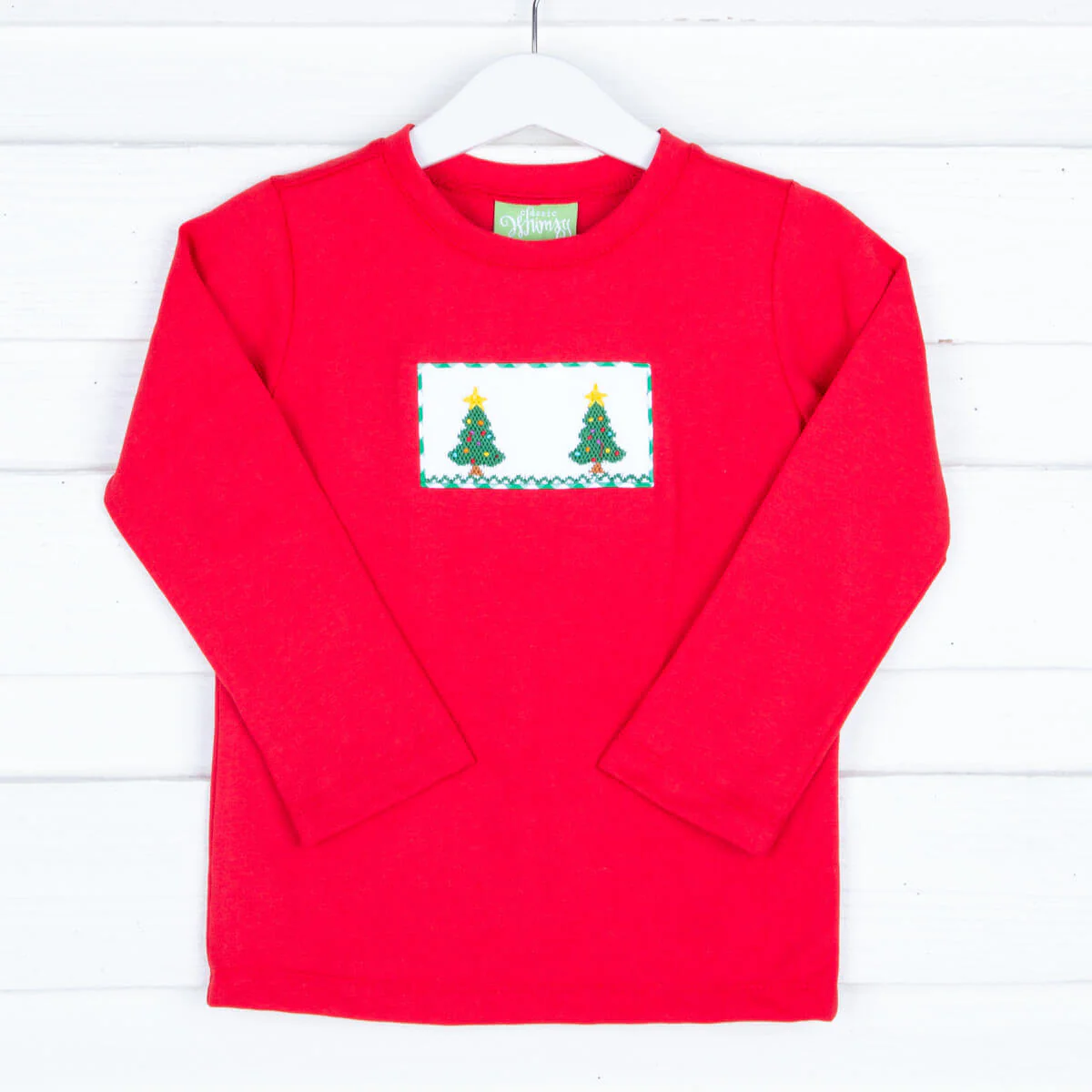 Christmas Tree Smocked Red Long Sleeve Shirt