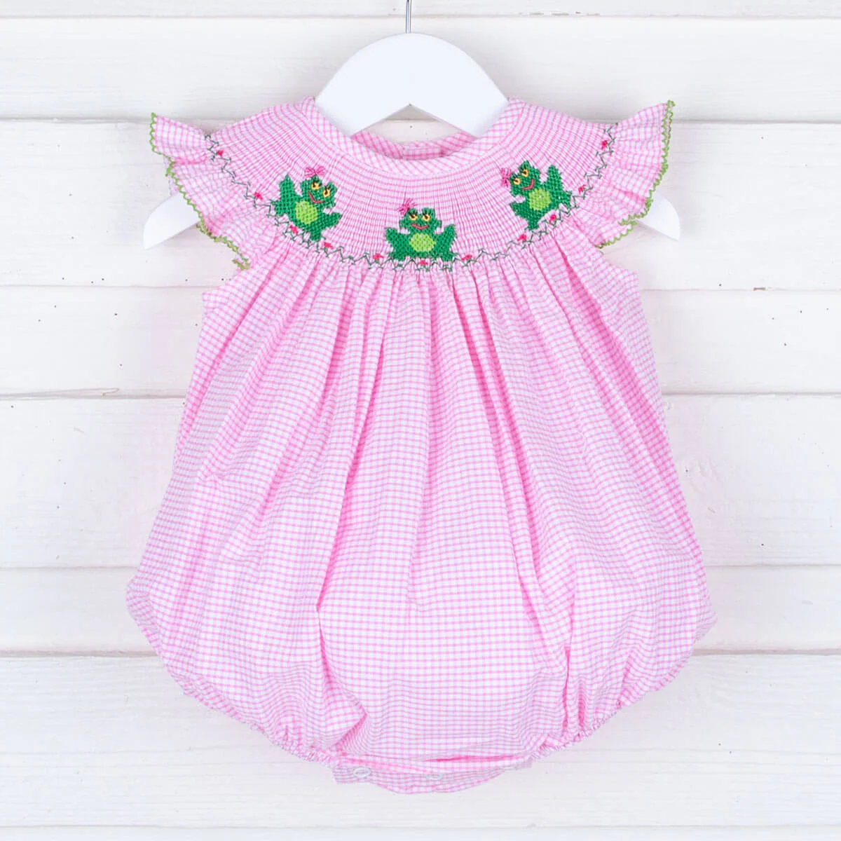 Smocked Frogs Pink Gingham Bubble
