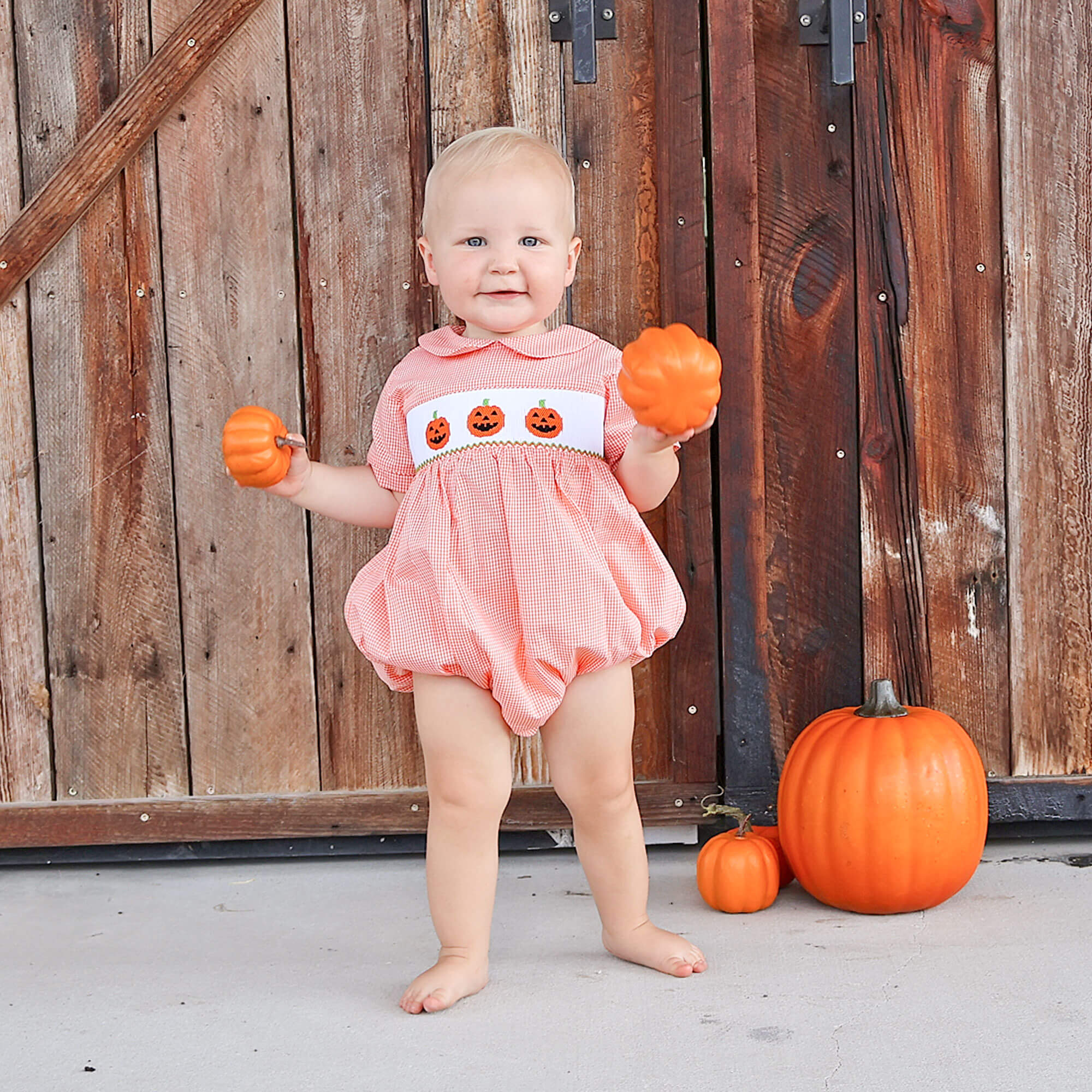 Trio Jack O Lantern Smocked Orange Gingham Collared Bubble