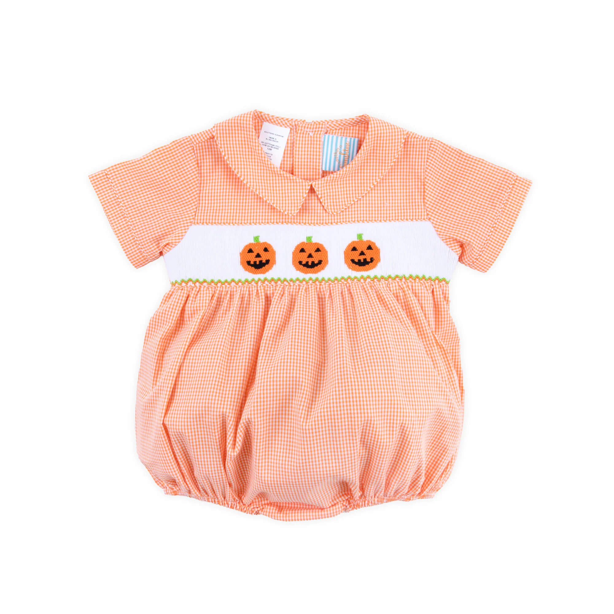 Trio Jack O Lantern Smocked Orange Gingham Collared Bubble - Image 2