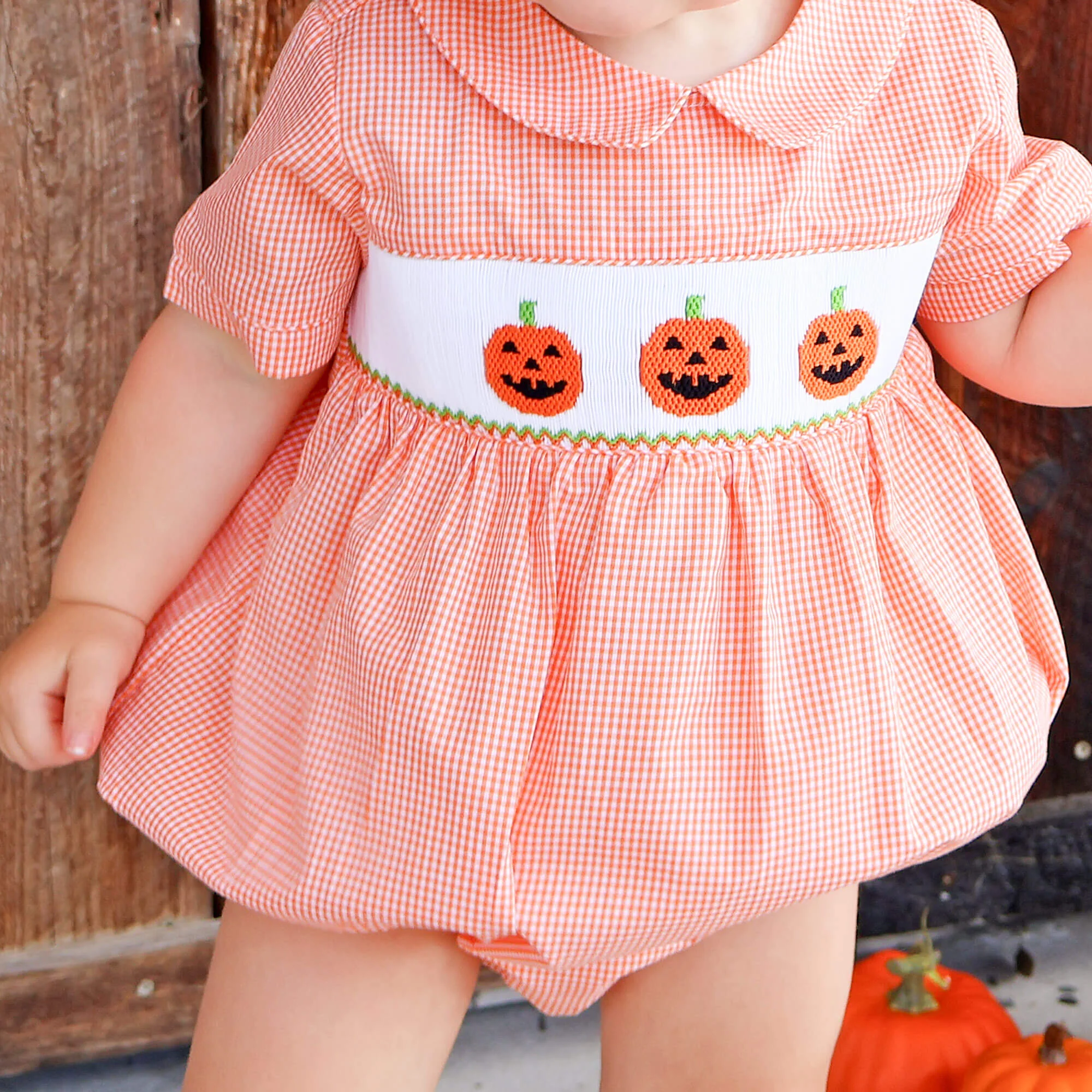 Trio Jack O Lantern Smocked Orange Gingham Collared Bubble - Image 3