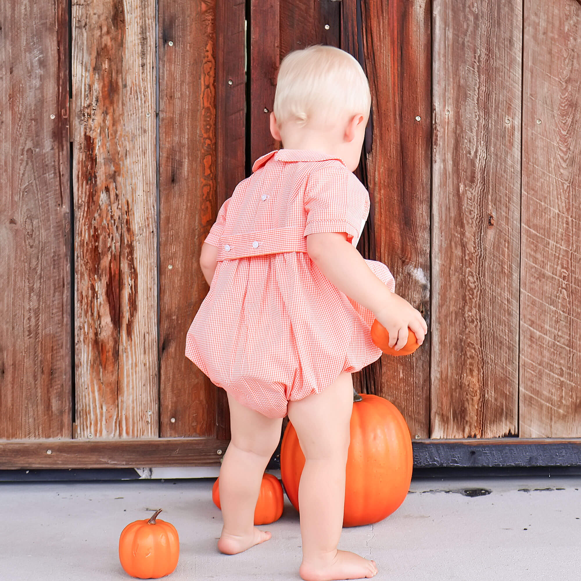 Trio Jack O Lantern Smocked Orange Gingham Collared Bubble - Image 4