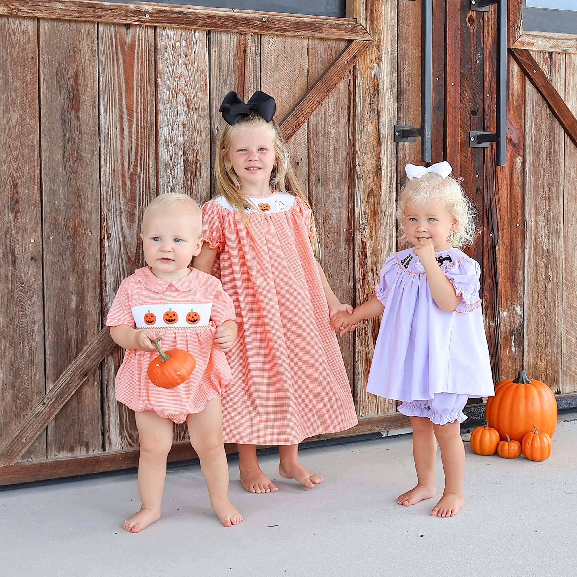 Trio Jack O Lantern Smocked Orange Gingham Collared Bubble - Image 6