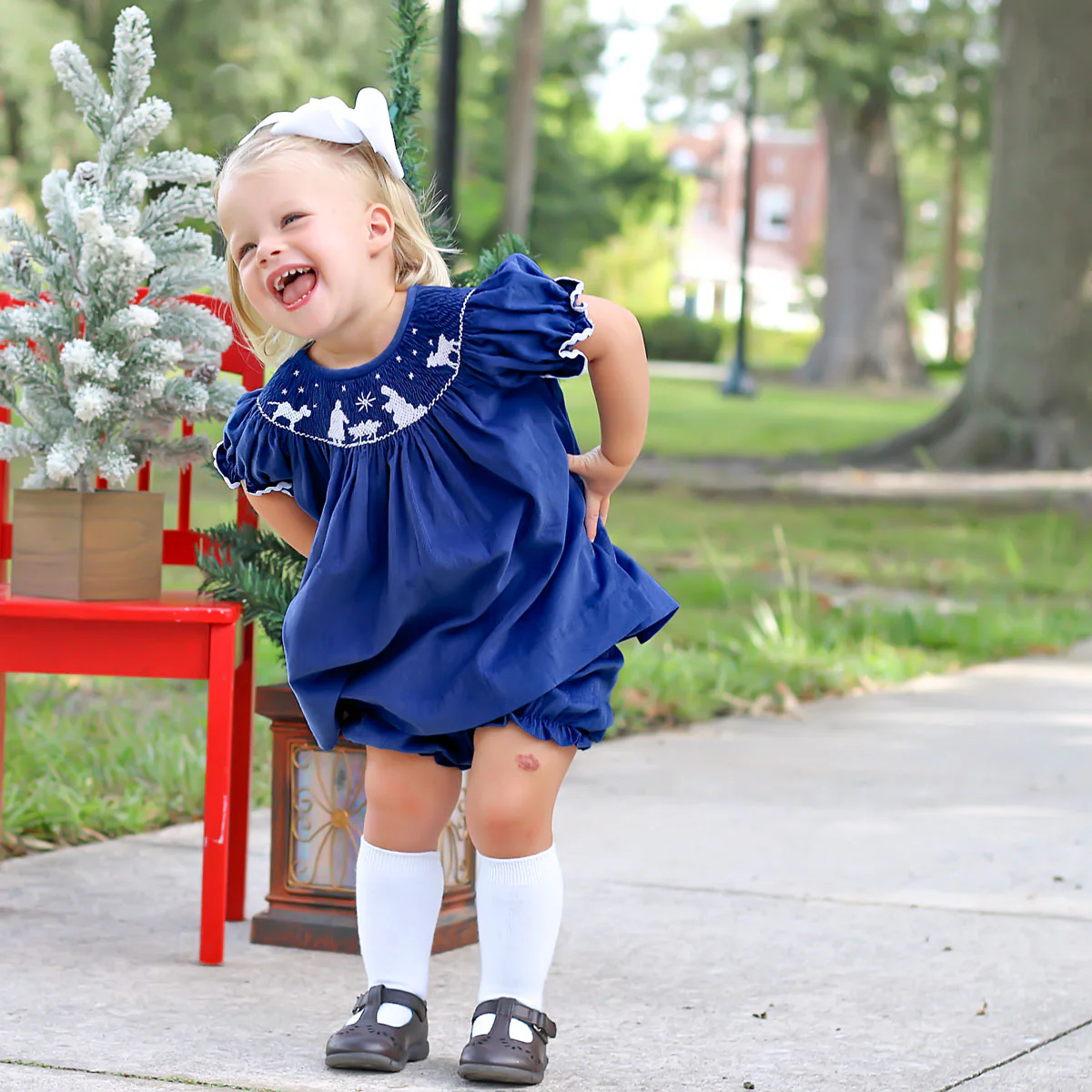 Smocked Nativity Royal Corduroy Bloomer Set