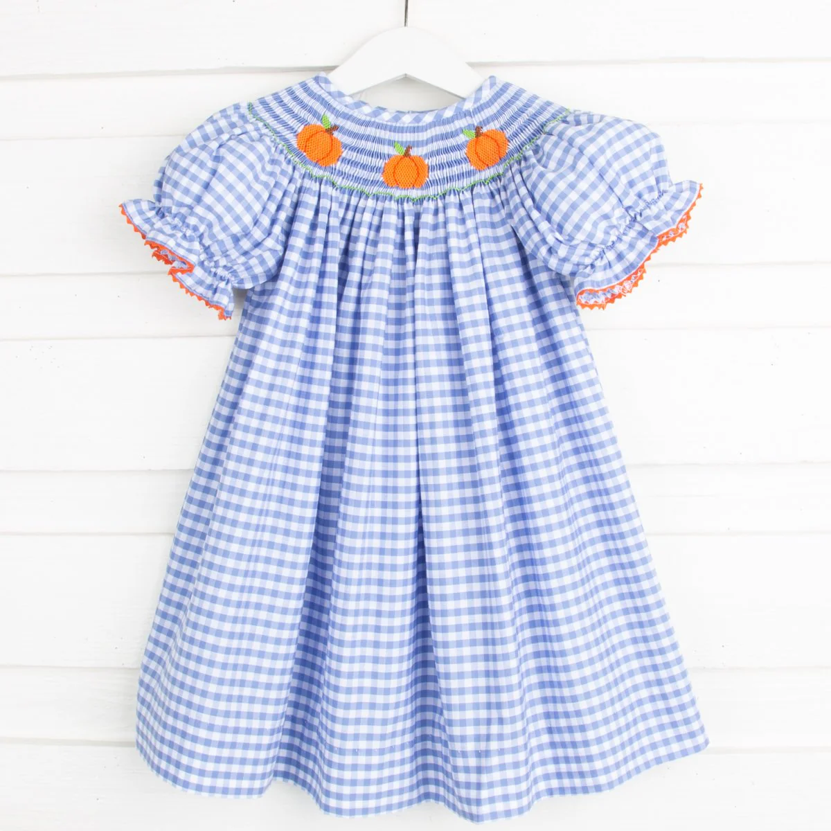 Bountiful Pumpkins Blue Smocked Bishop Dress