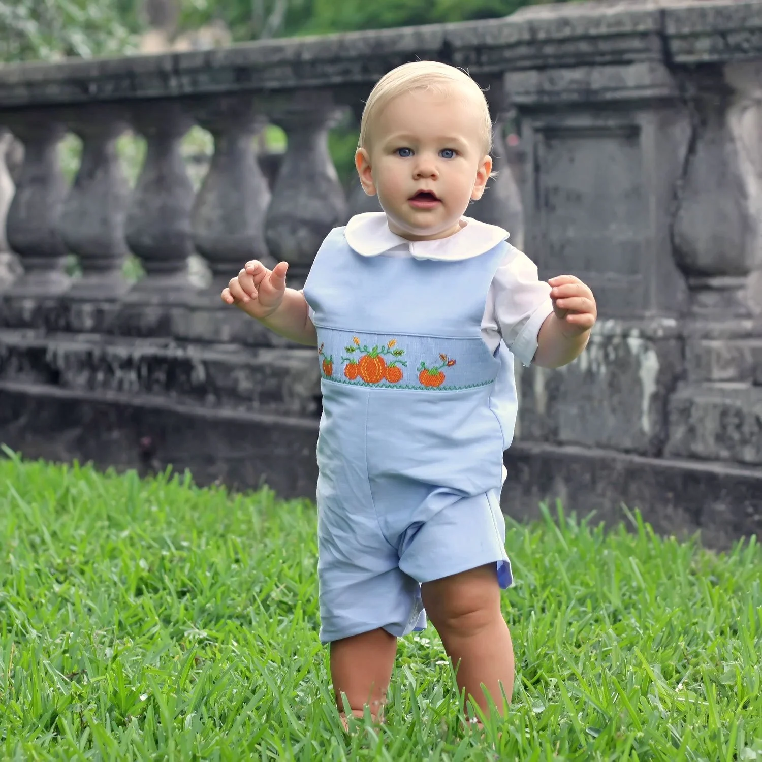 Pumpkin Cluster Smocked Blue Jon Jon