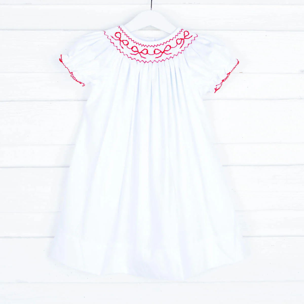 Smocked Red Bows White Dress