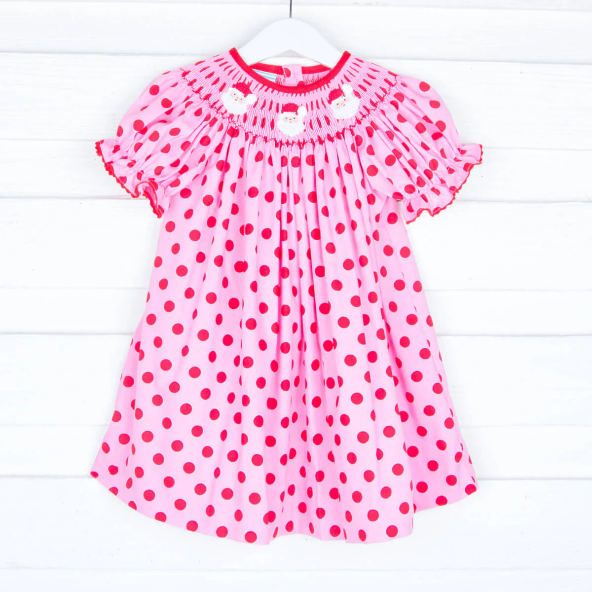 Smocked Santa Pink with Red Polka Dots Bishop Dress