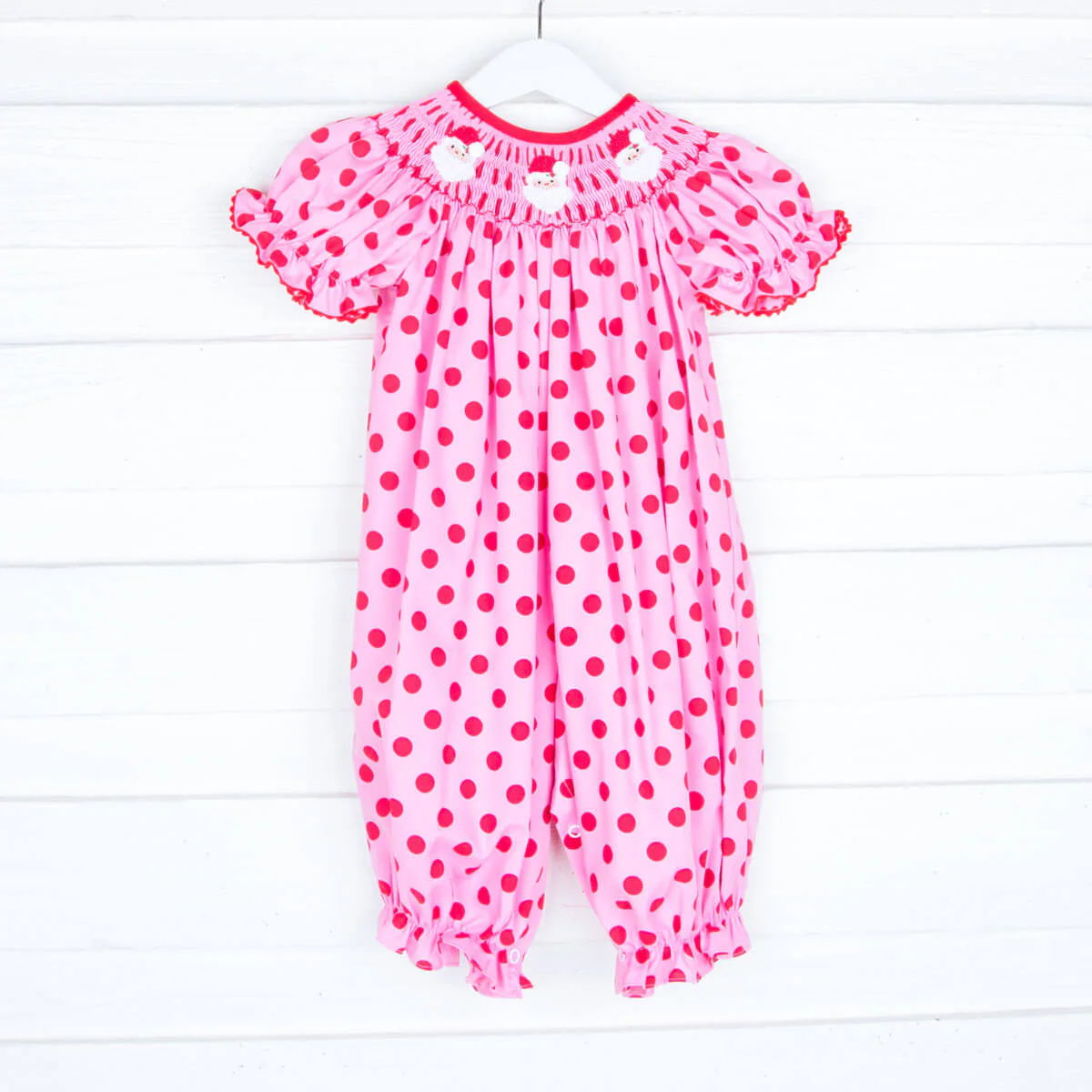 Smocked Santa Pink with Red Polka Dots Long Bubble