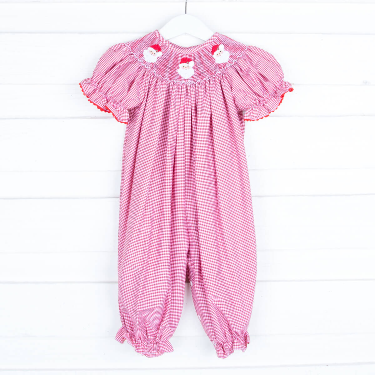 Smocked Santa Red Gingham Long Bubble