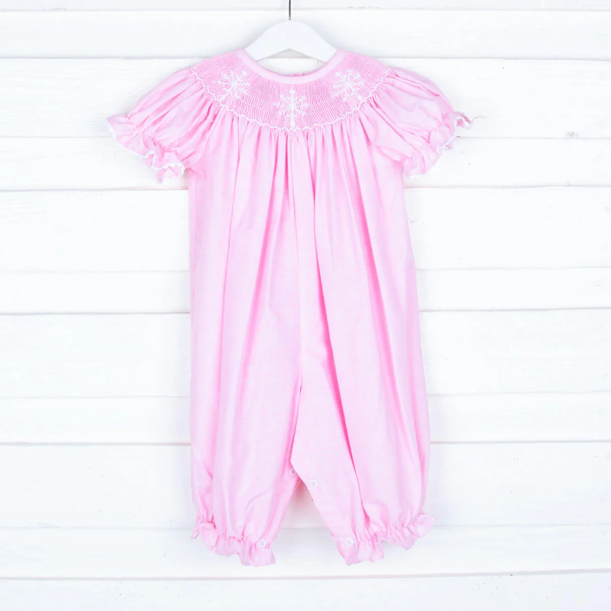 Smocked Snowflakes Pink Gingham Long Bubble