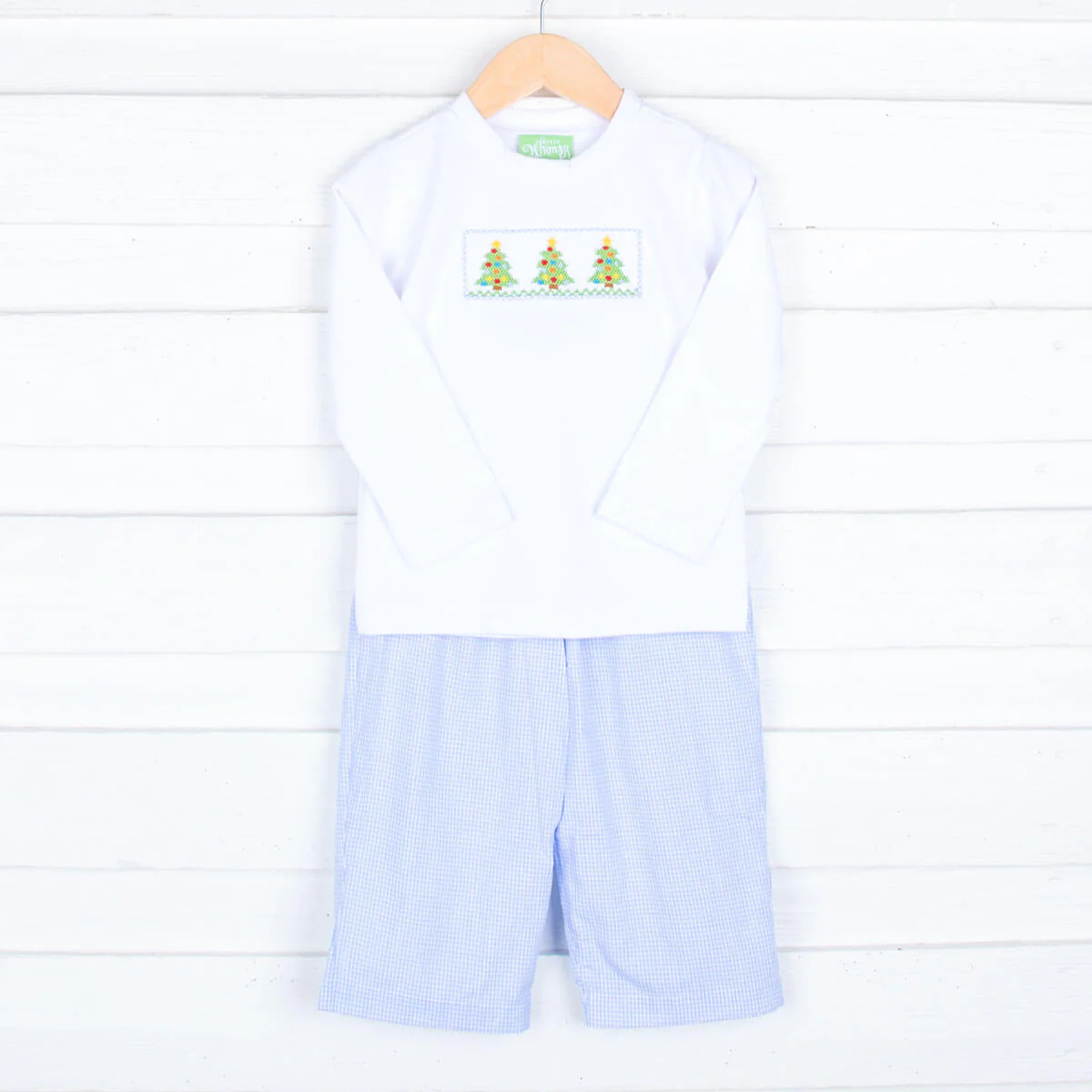 Smocked Trees Light Blue Gingham Pant Set