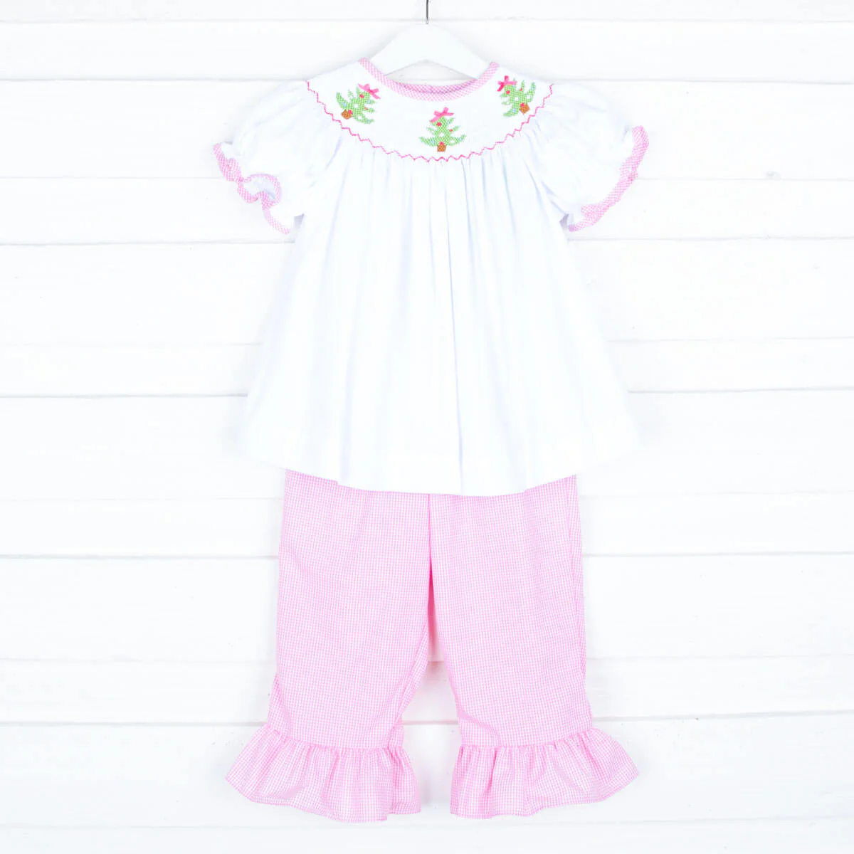 Smocked Trees White and Pink Pant Set